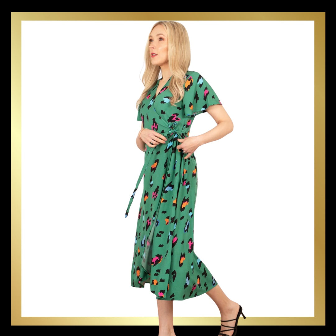 Green/Multi Colour Large Leopard Print Wrap Dress