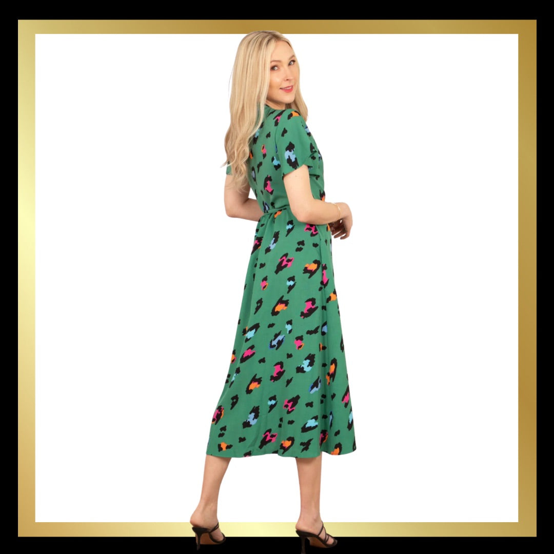 Green/Multi Colour Large Leopard Print Wrap Dress