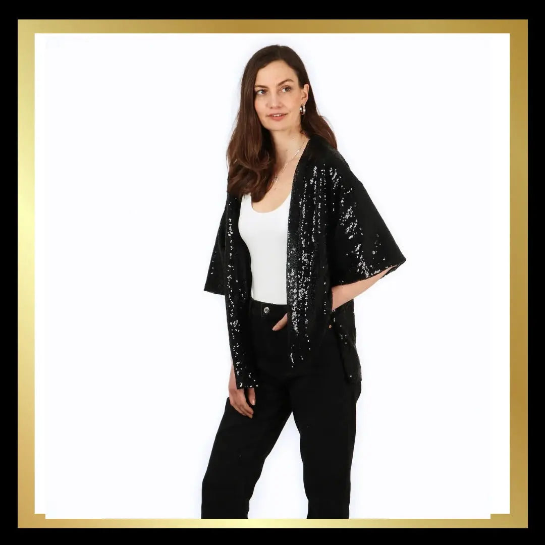 BLACK SEQUIN KIMONO The Style Closet