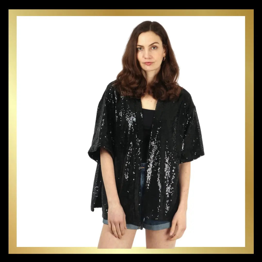 BLACK SEQUIN KIMONO The Style Closet