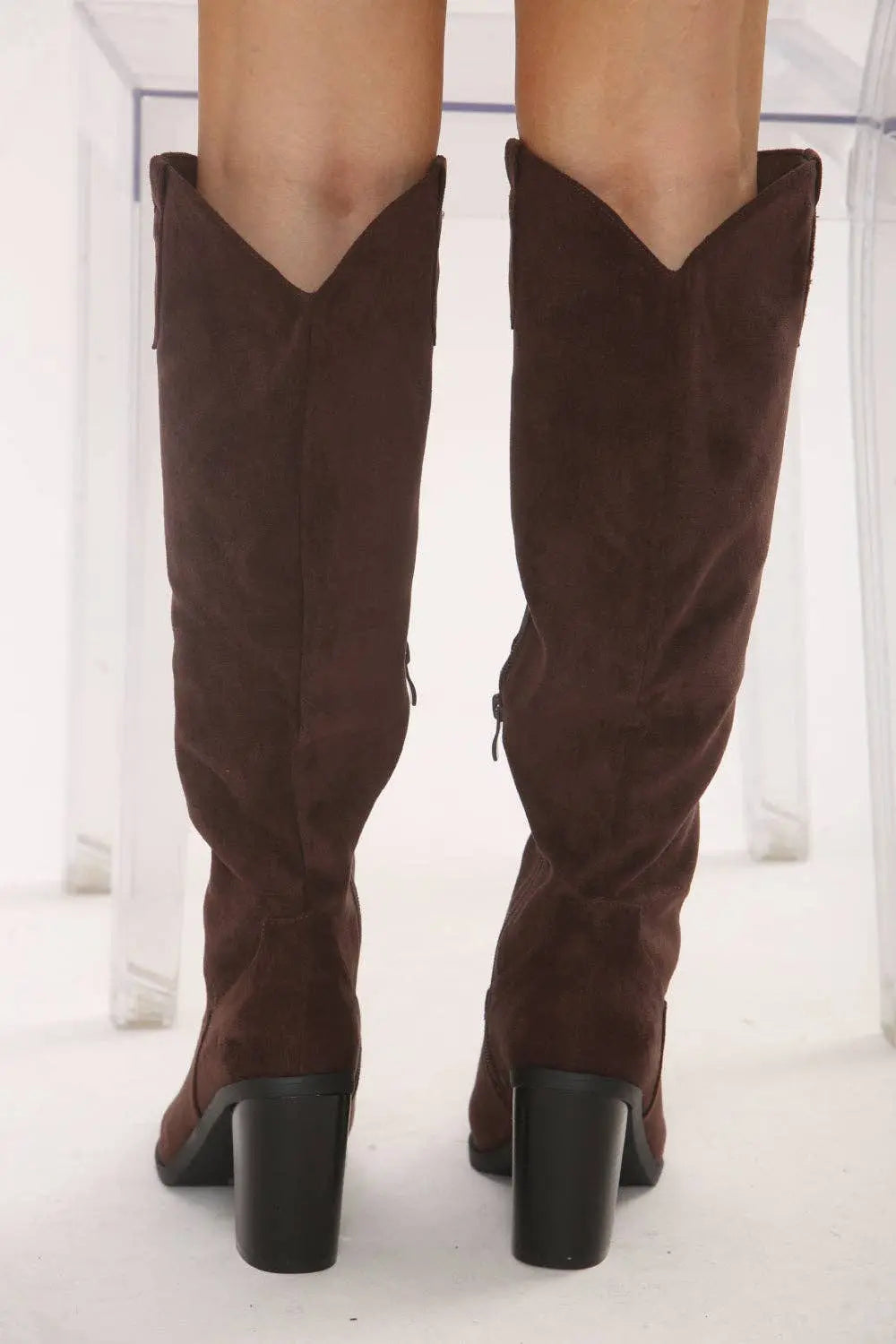 Knee High Brown Suede Cowboy Block Heel Boot: The Style Closet