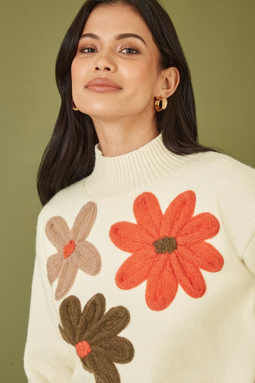 Yumi Ivory Knitted High Neck Jumper With Appliqué Flowers: - The Style Closet