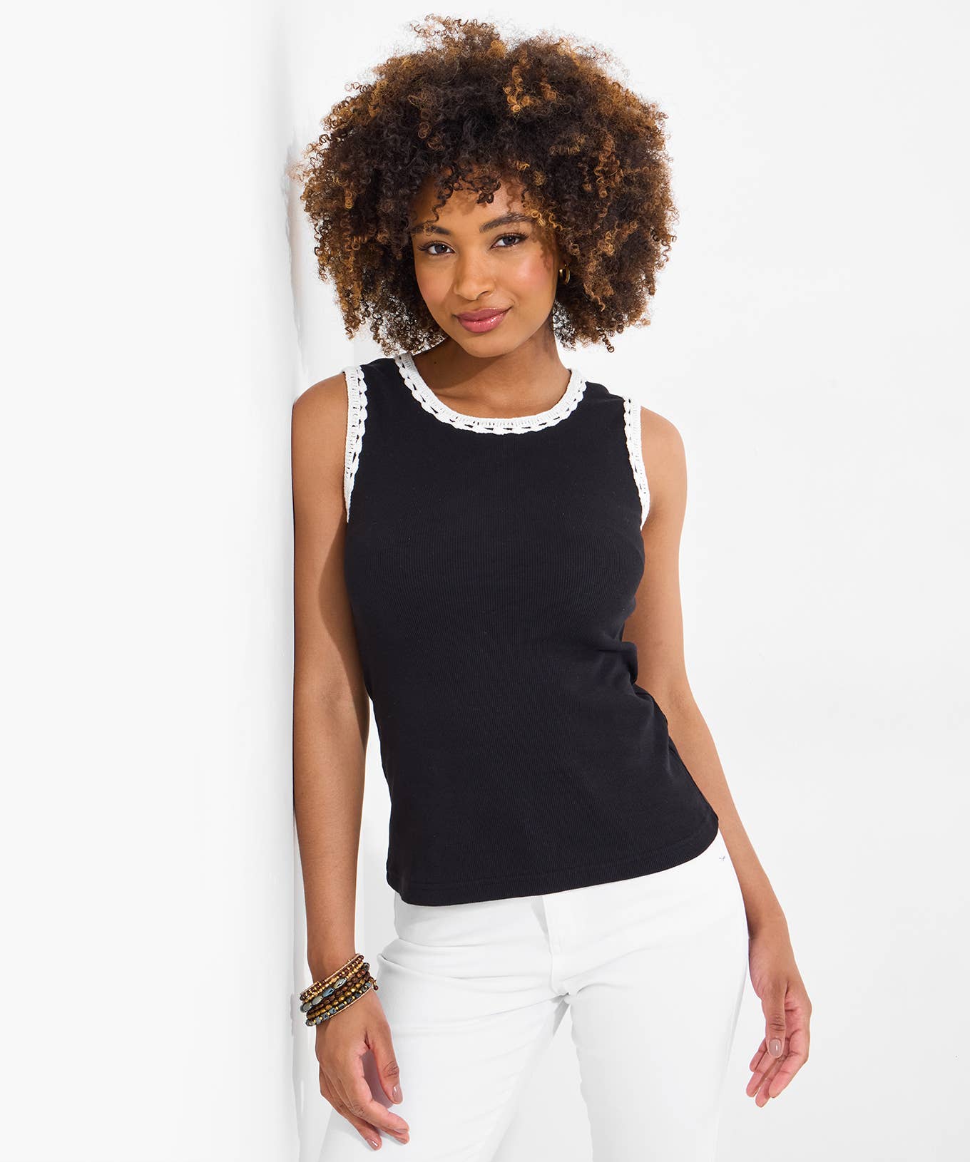 Camille Crochet Trim Ribbed Vest: Black
