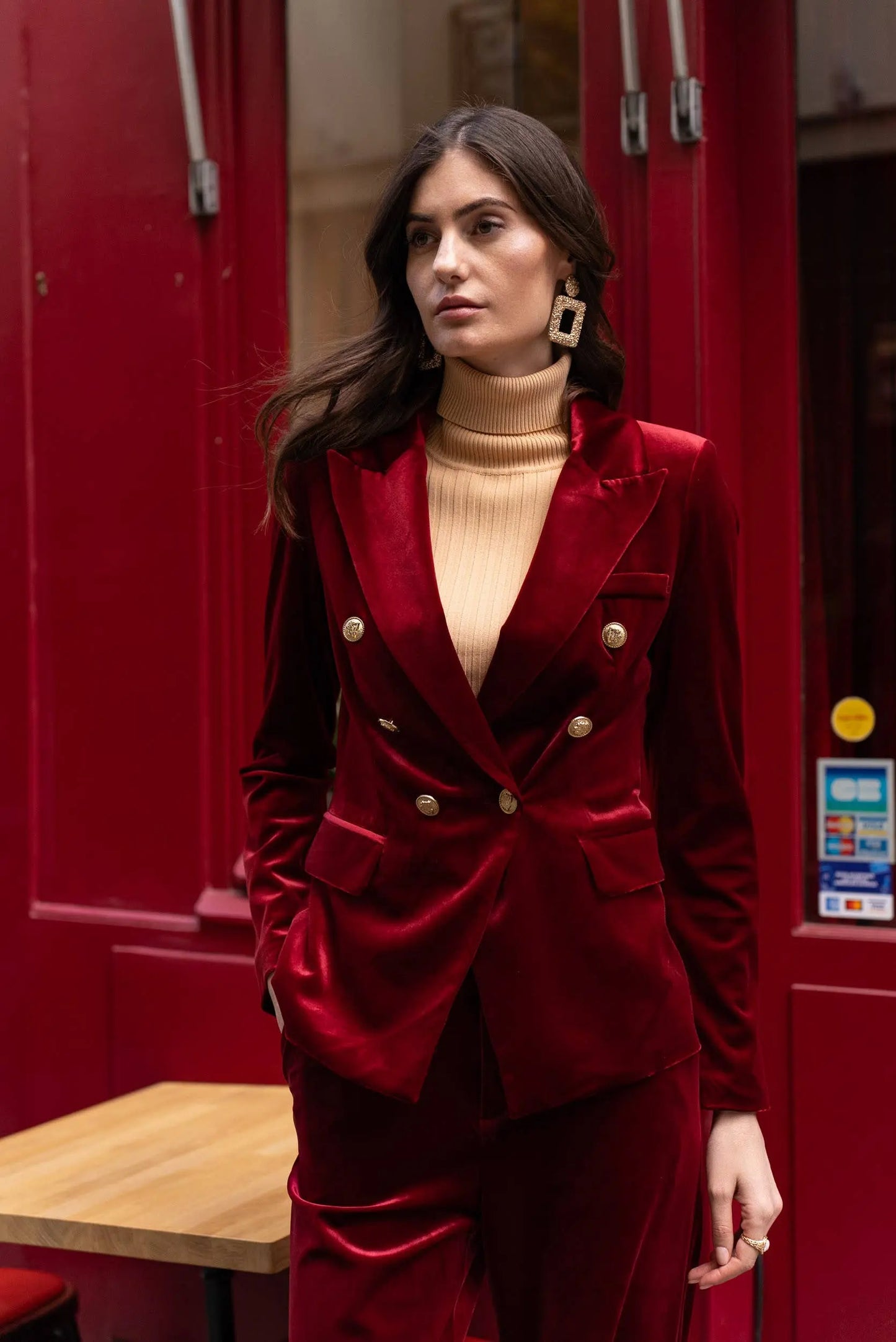 Double-breasted velvet blazer with gold buttons - KHAKI The Style Closet