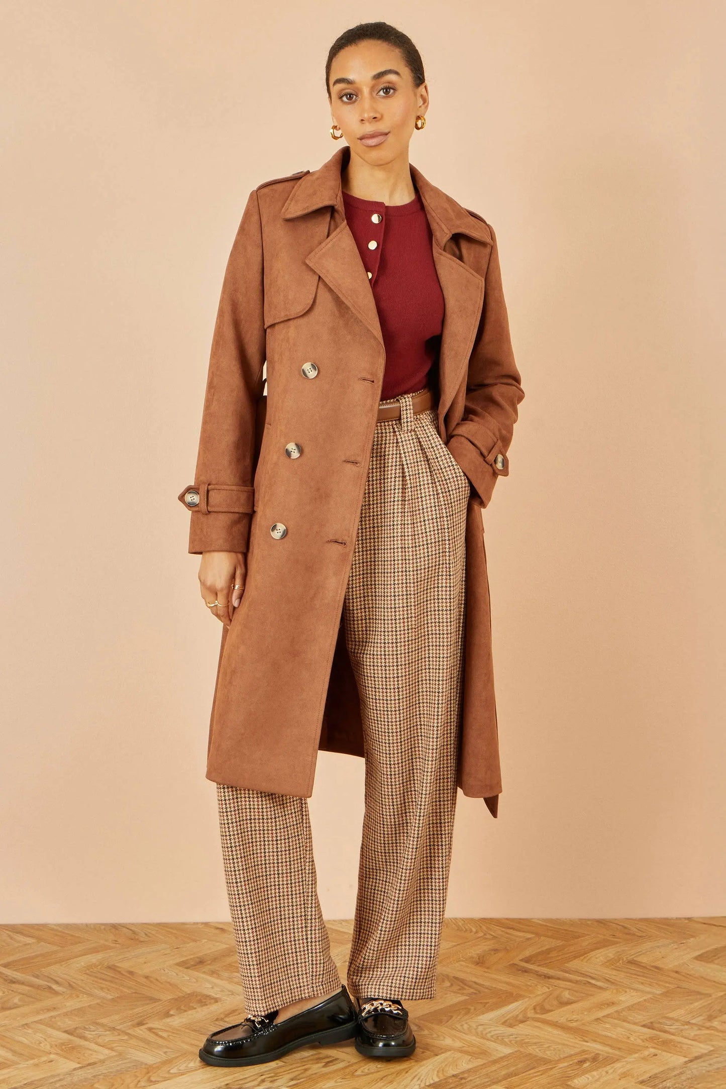 Brown Faux Suede Trench Coat: Brown The Style Closet