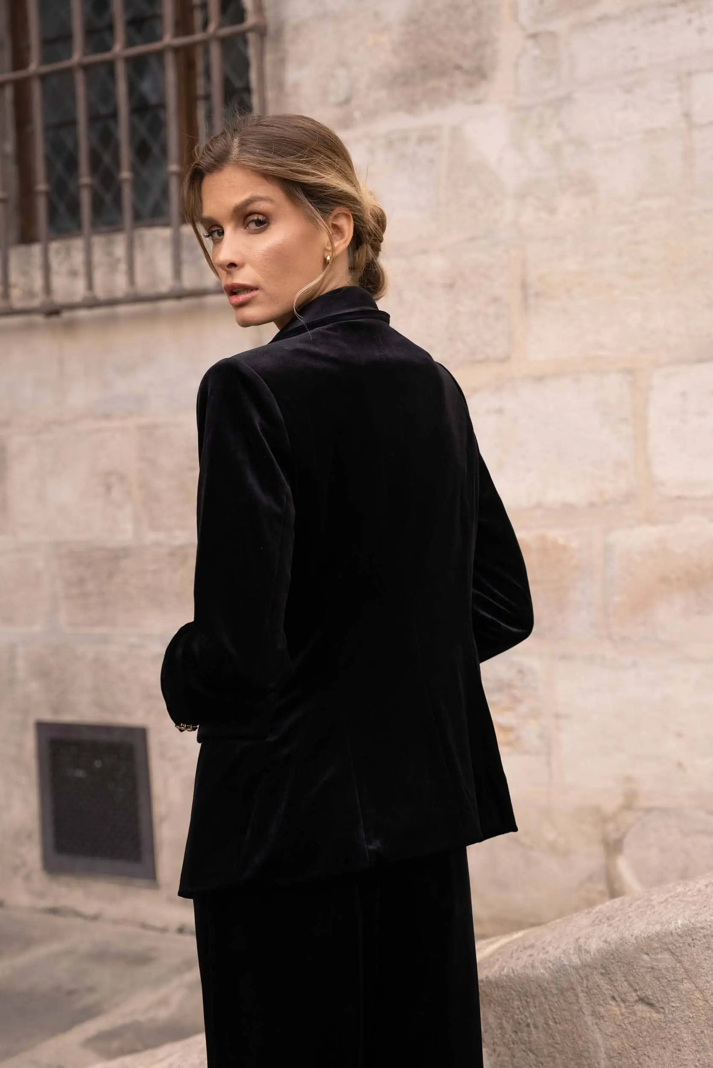 Double-breasted velvet blazer with gold buttons - KHAKI The Style Closet
