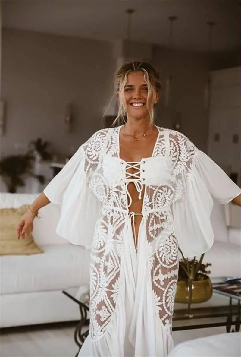 White Lace Crochet Beach Cover-Up Kimono The Style Closet
