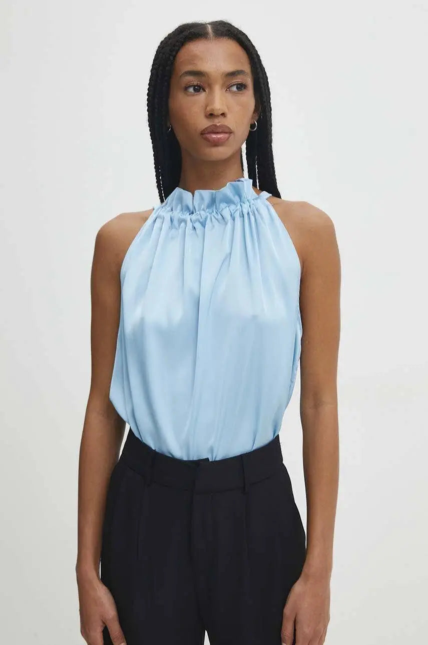 Satin Elisabeth top with bow at the collar - TEAL One size The Style Closet