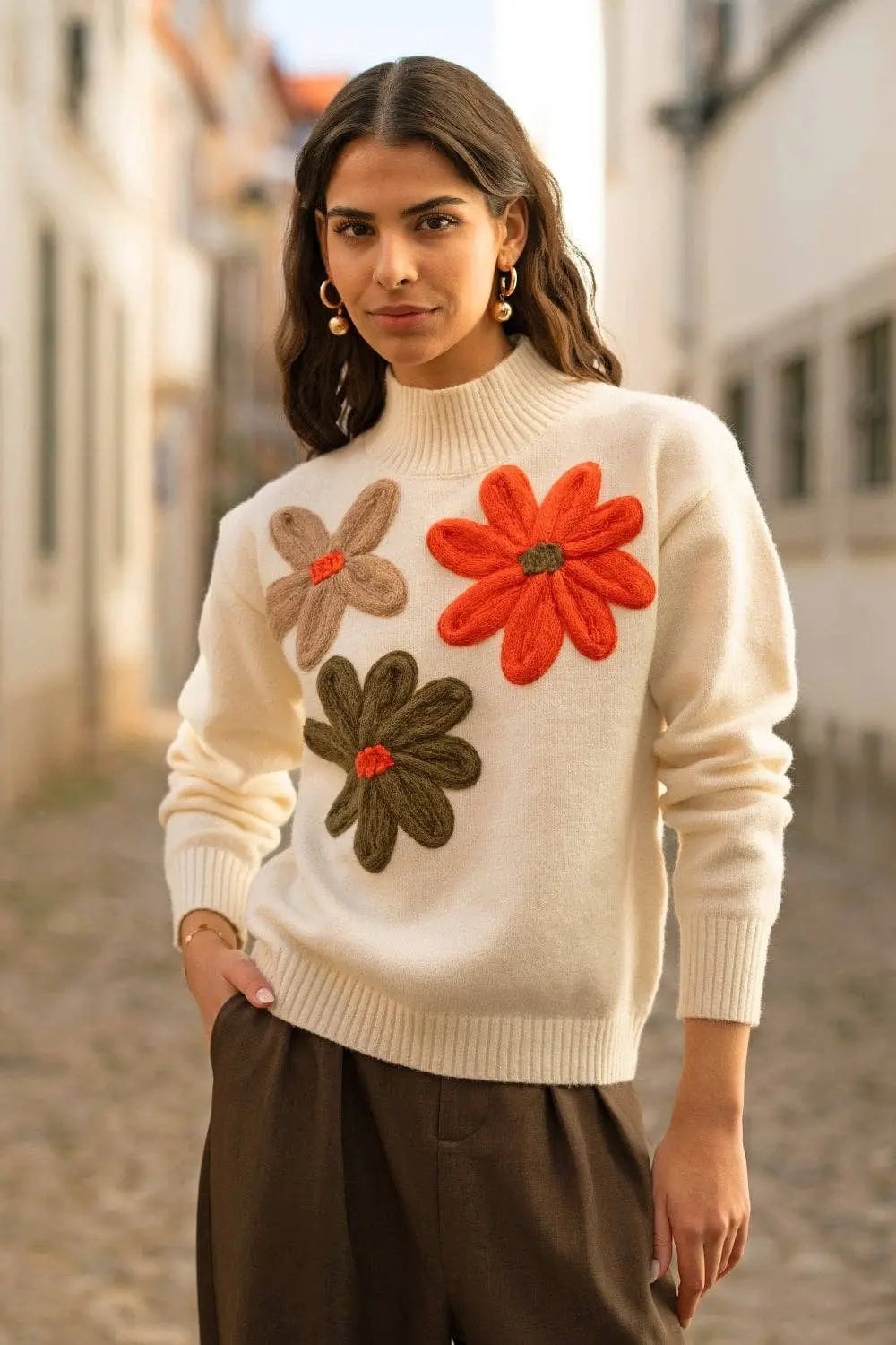 Yumi Ivory Knitted High Neck Jumper With Appliqué Flowers: - The Style Closet