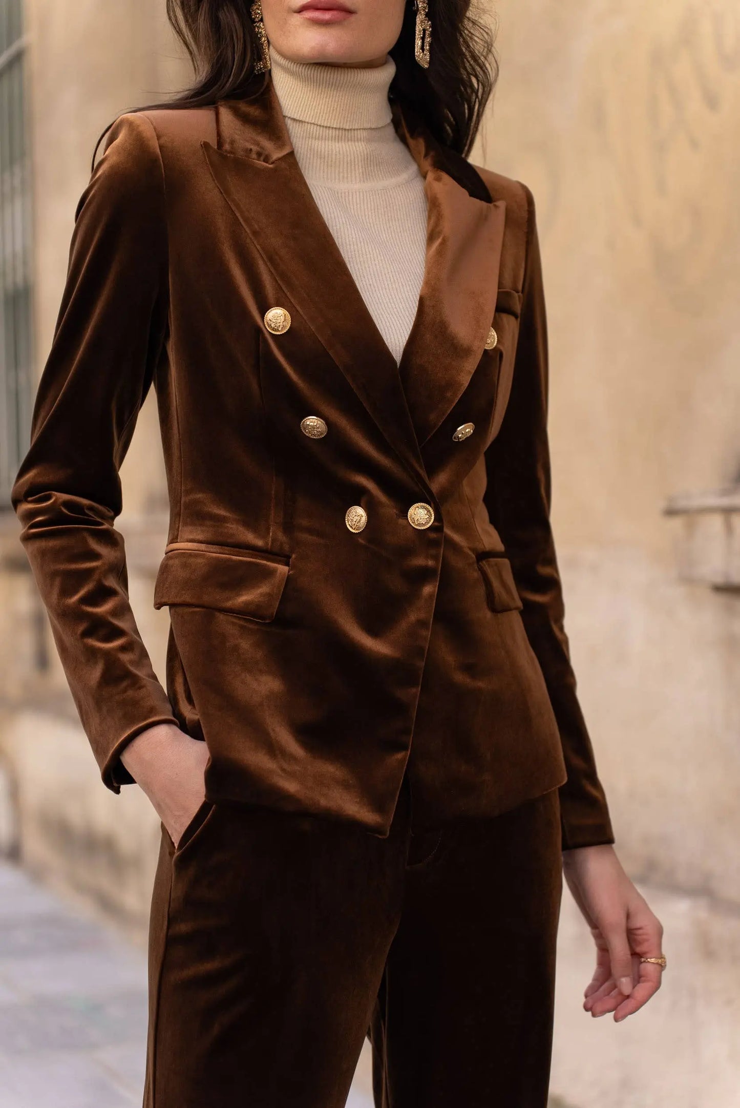 Double-breasted velvet blazer with gold buttons - KHAKI The Style Closet