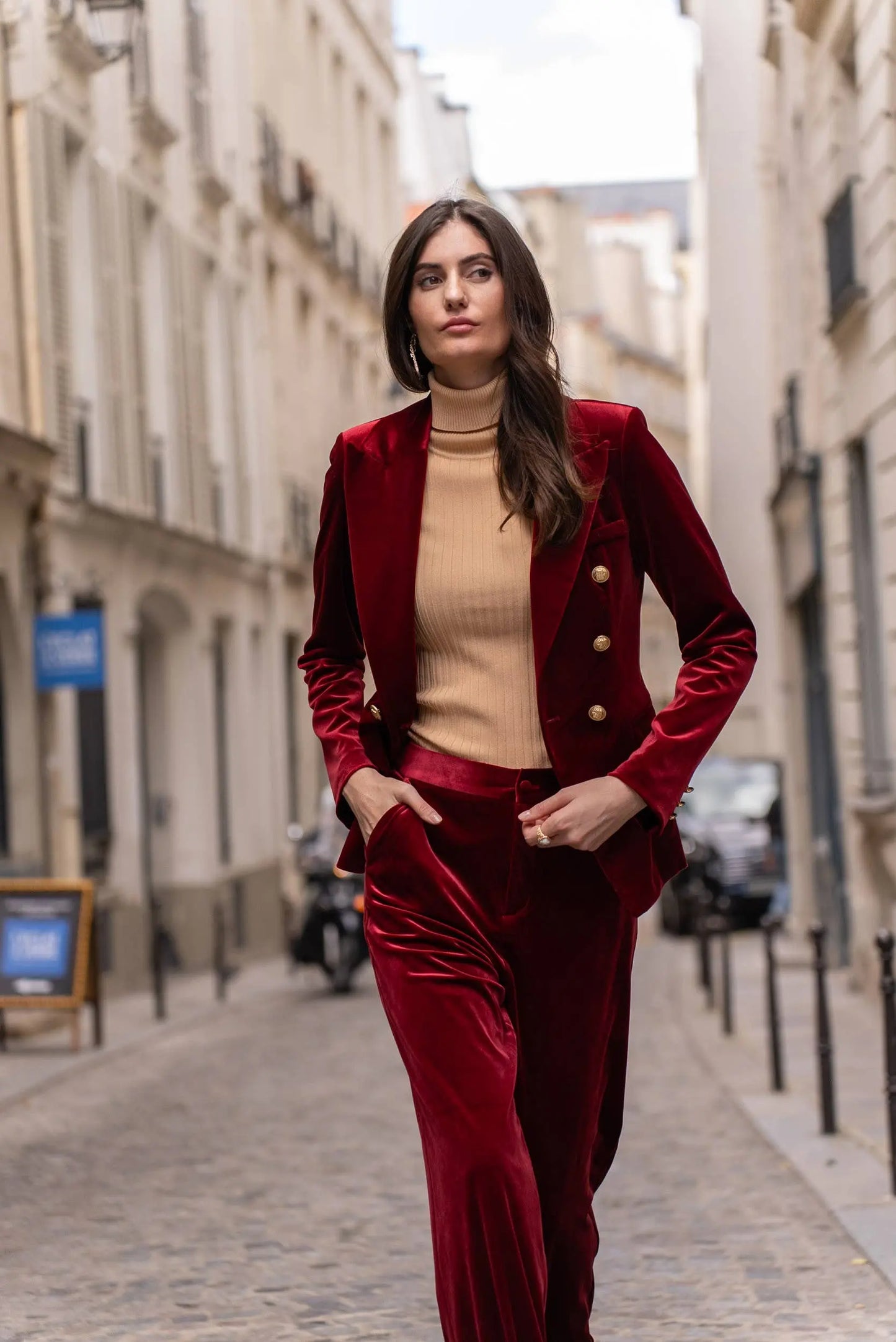Double-breasted velvet blazer with gold buttons - KHAKI The Style Closet