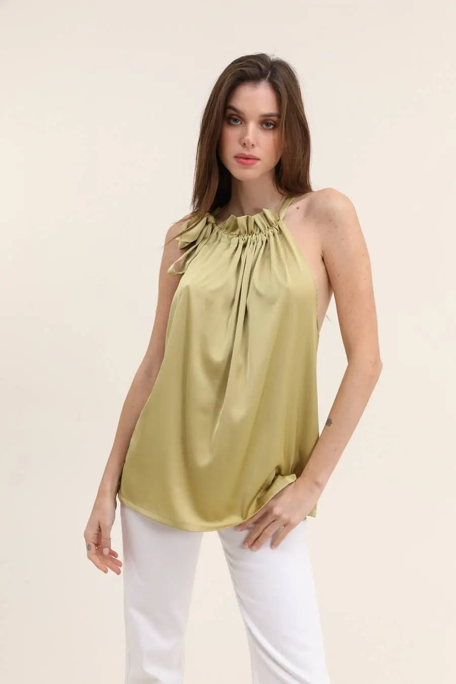 Satin Elisabeth top with bow at the collar - TEAL One size The Style Closet