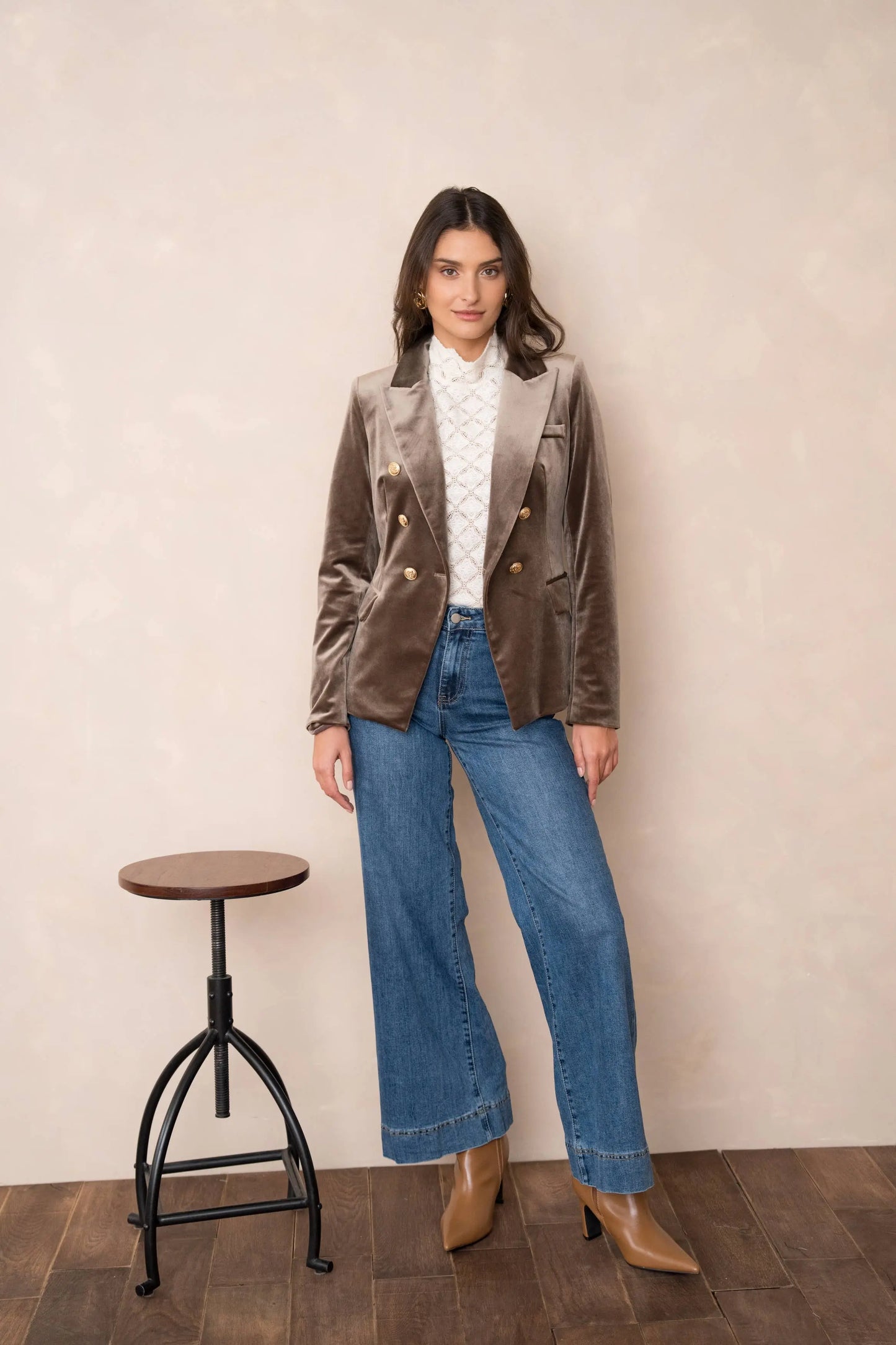 Double-breasted velvet blazer with gold buttons - KHAKI The Style Closet
