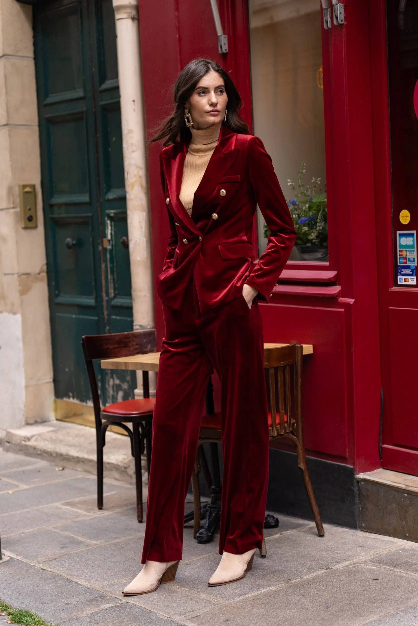 Double-breasted velvet blazer with gold buttons - KHAKI The Style Closet