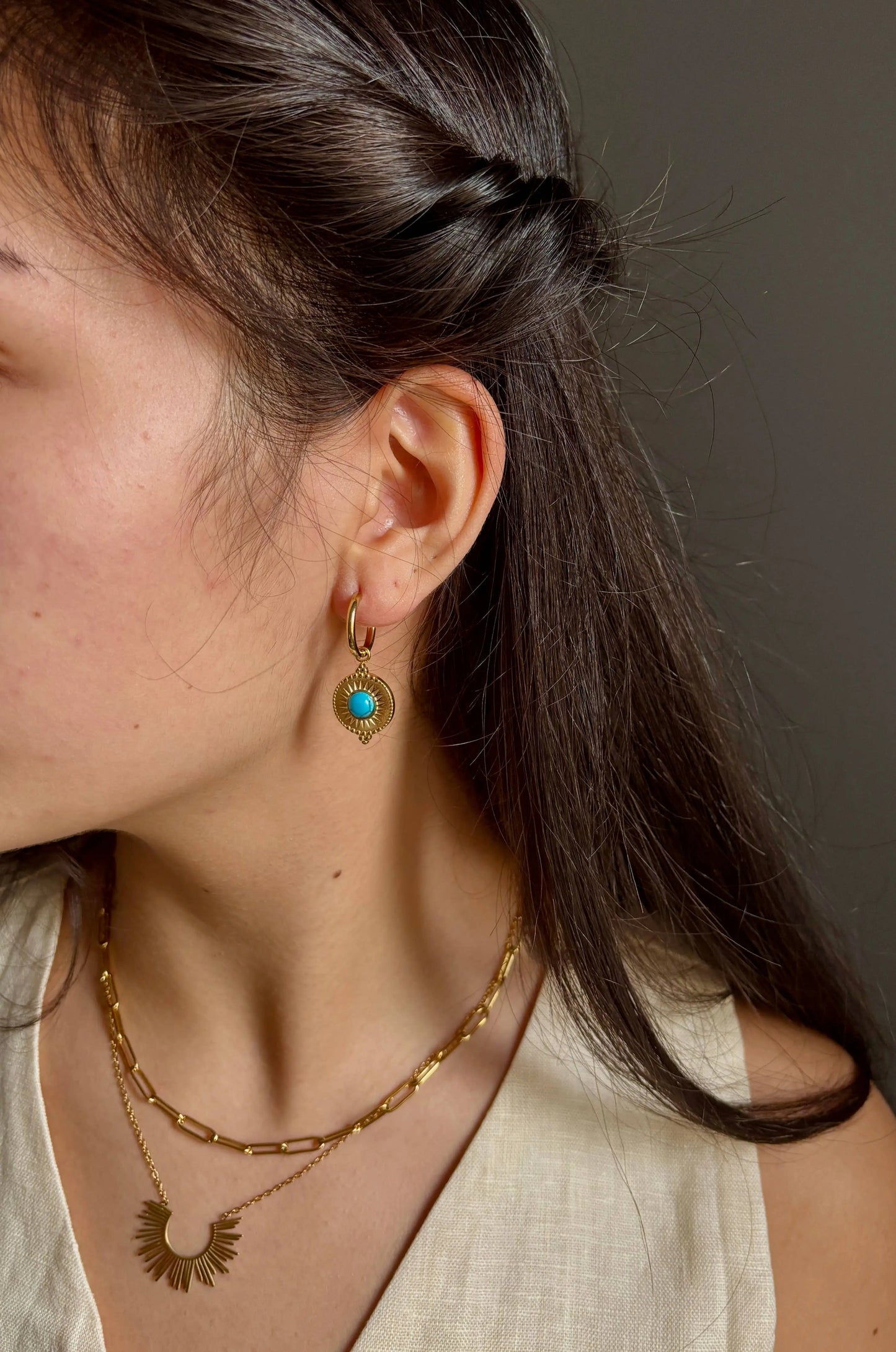 18ct Gold Plated Turquoise Circle Drop Huggie Earrings The Style Closet