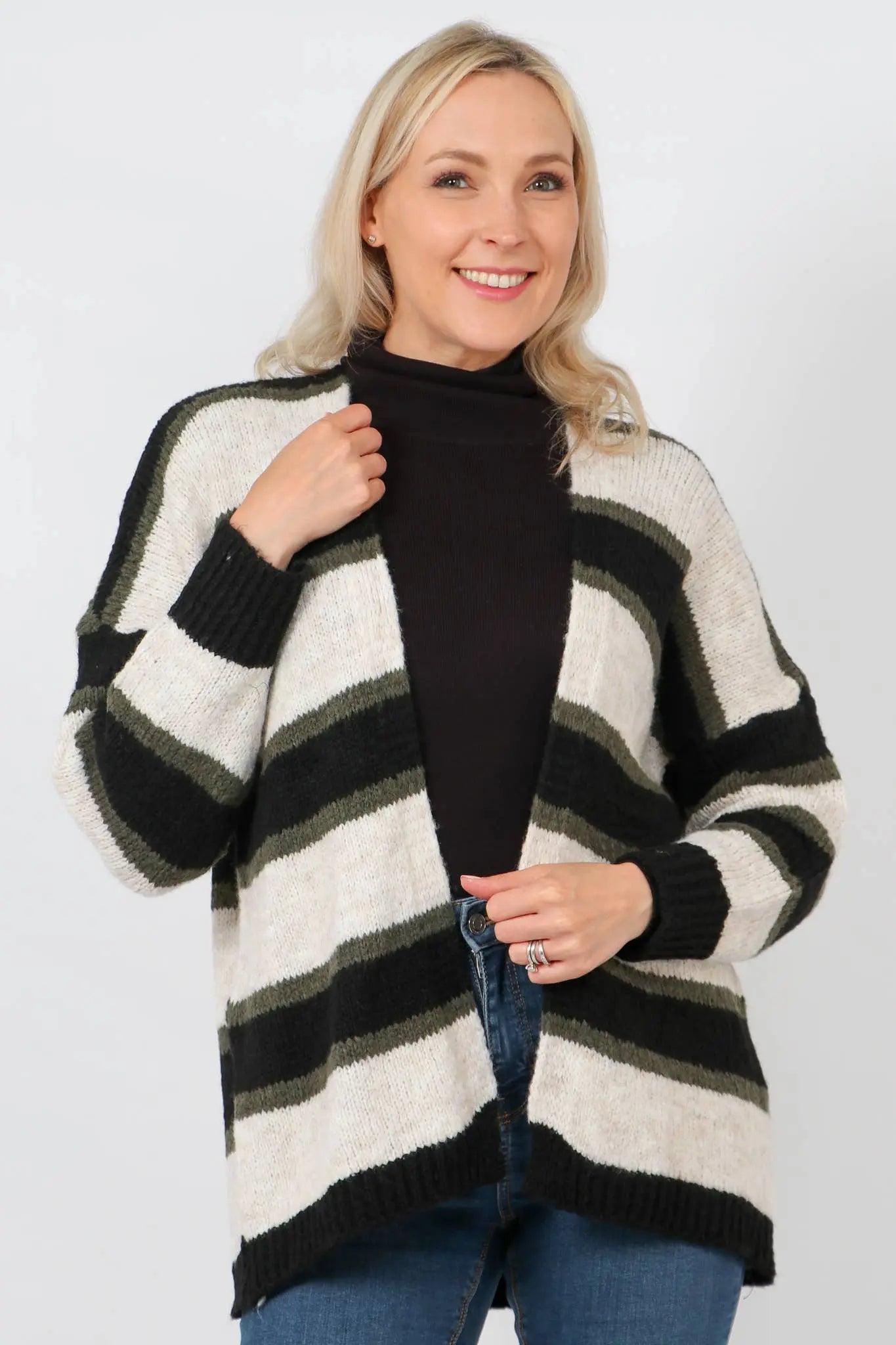 Cream Khaki Colourblock Striped Cardigan: One-size (8-18) The Style Closet