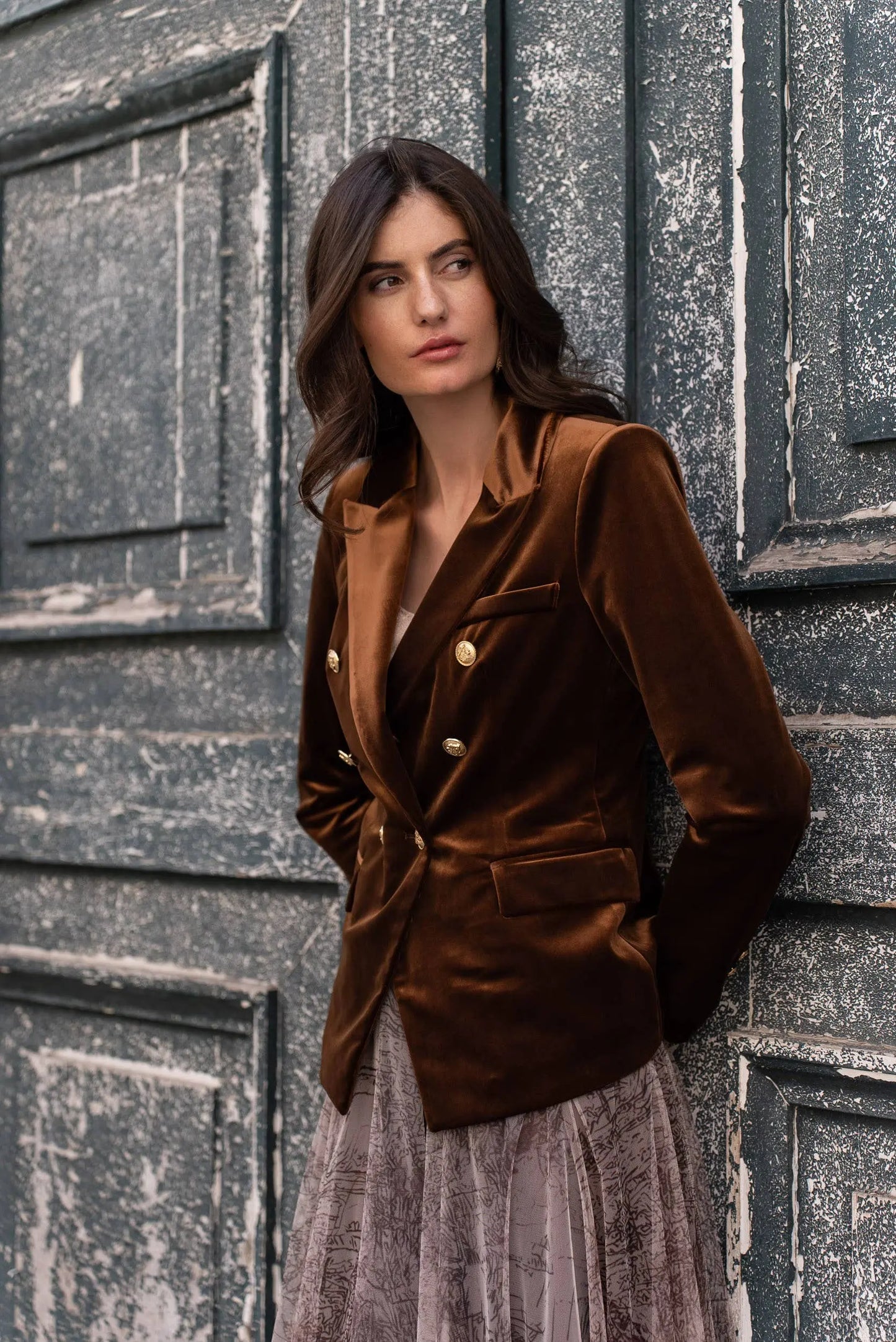 Double-breasted velvet blazer with gold buttons - KHAKI The Style Closet