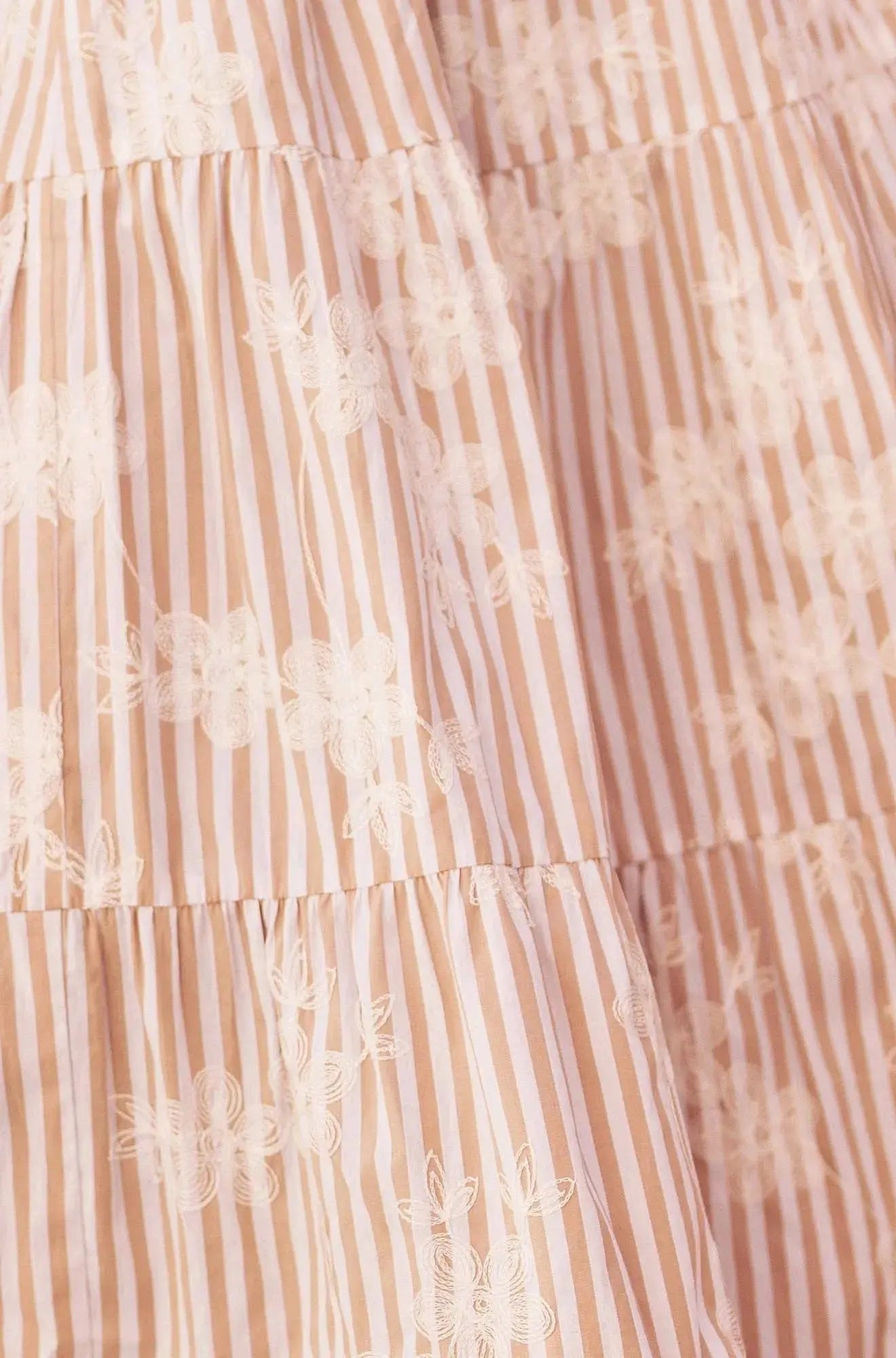 Yumi Brown Stripe With Embroidered Flower Cotton Dress: Brown / 16 Yumi