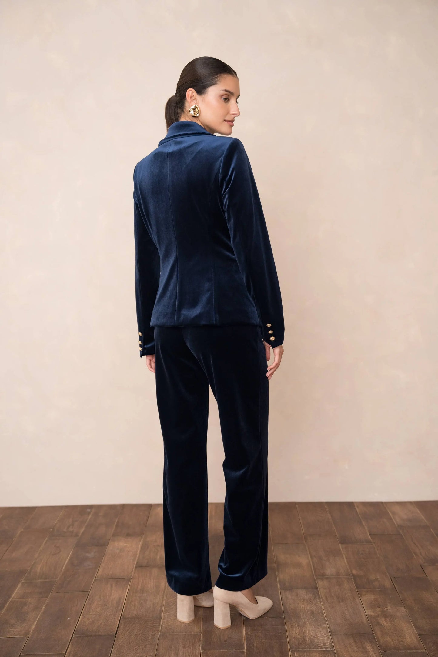 Double-breasted velvet blazer with gold buttons - KHAKI The Style Closet