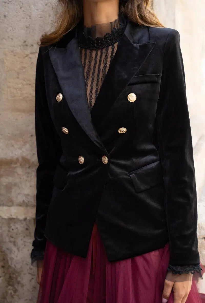Double-breasted velvet blazer with gold buttons - KHAKI The Style Closet