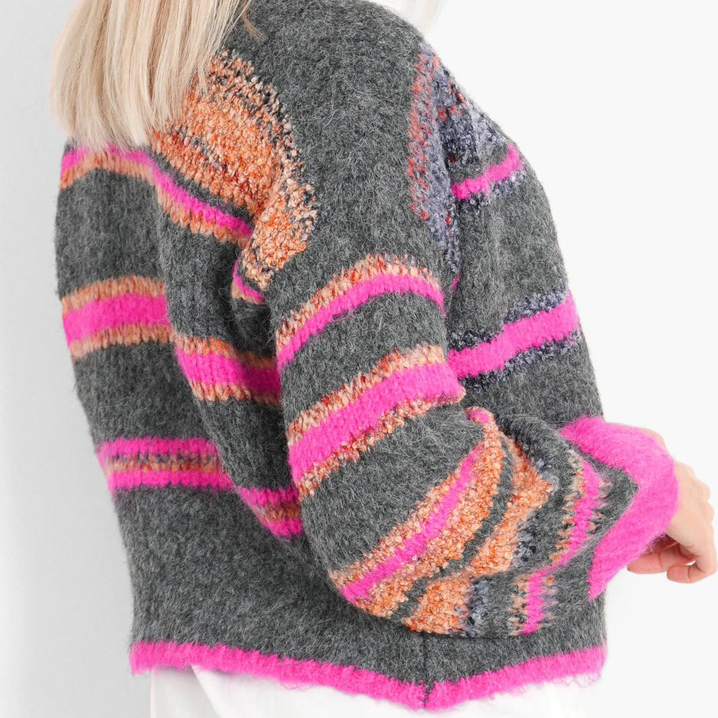 Brodie Wool Blend Cardigan -Grey/Pink, Colourblock Stripe The Style Closet