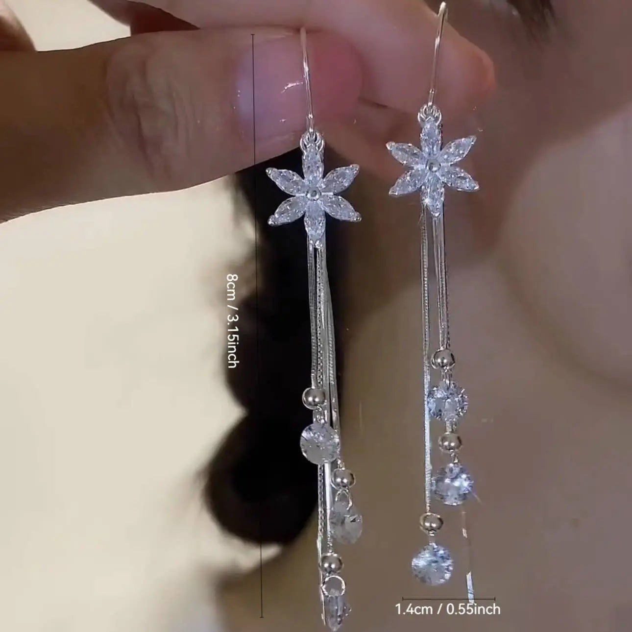 Crystal Flower Long Drop Earrings in Silver The Style Closet