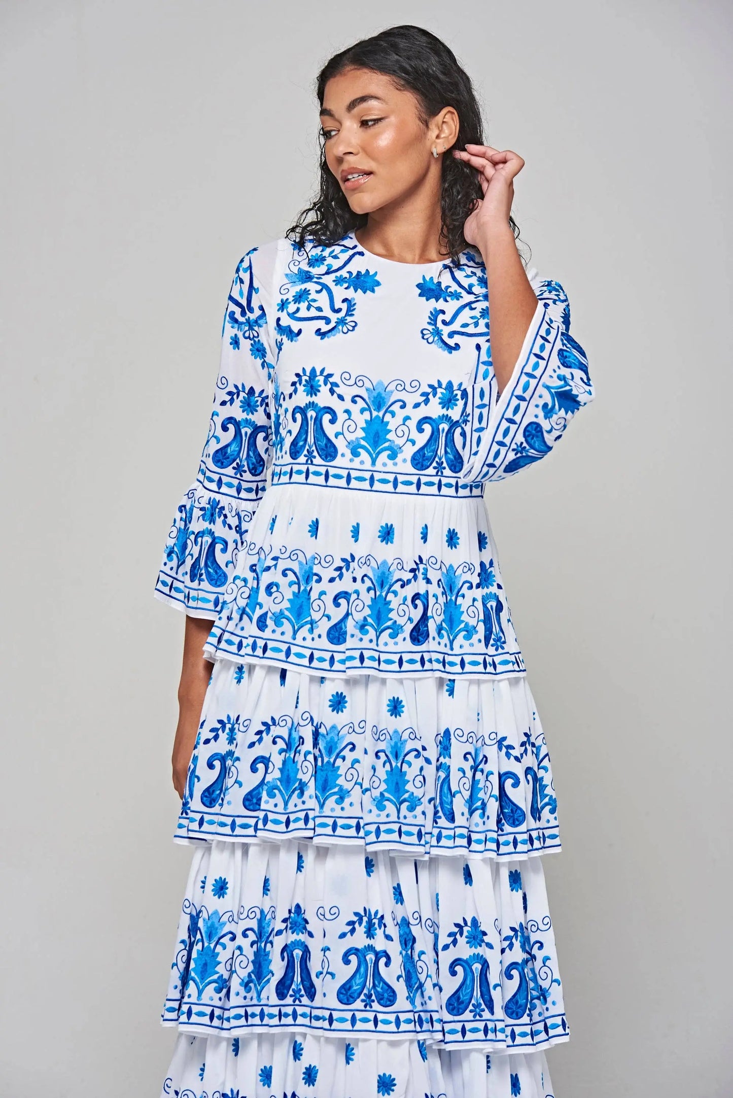 Elodea White and Blue Embroidered Tiered Maxi Dress: 12 / White The Style Closet