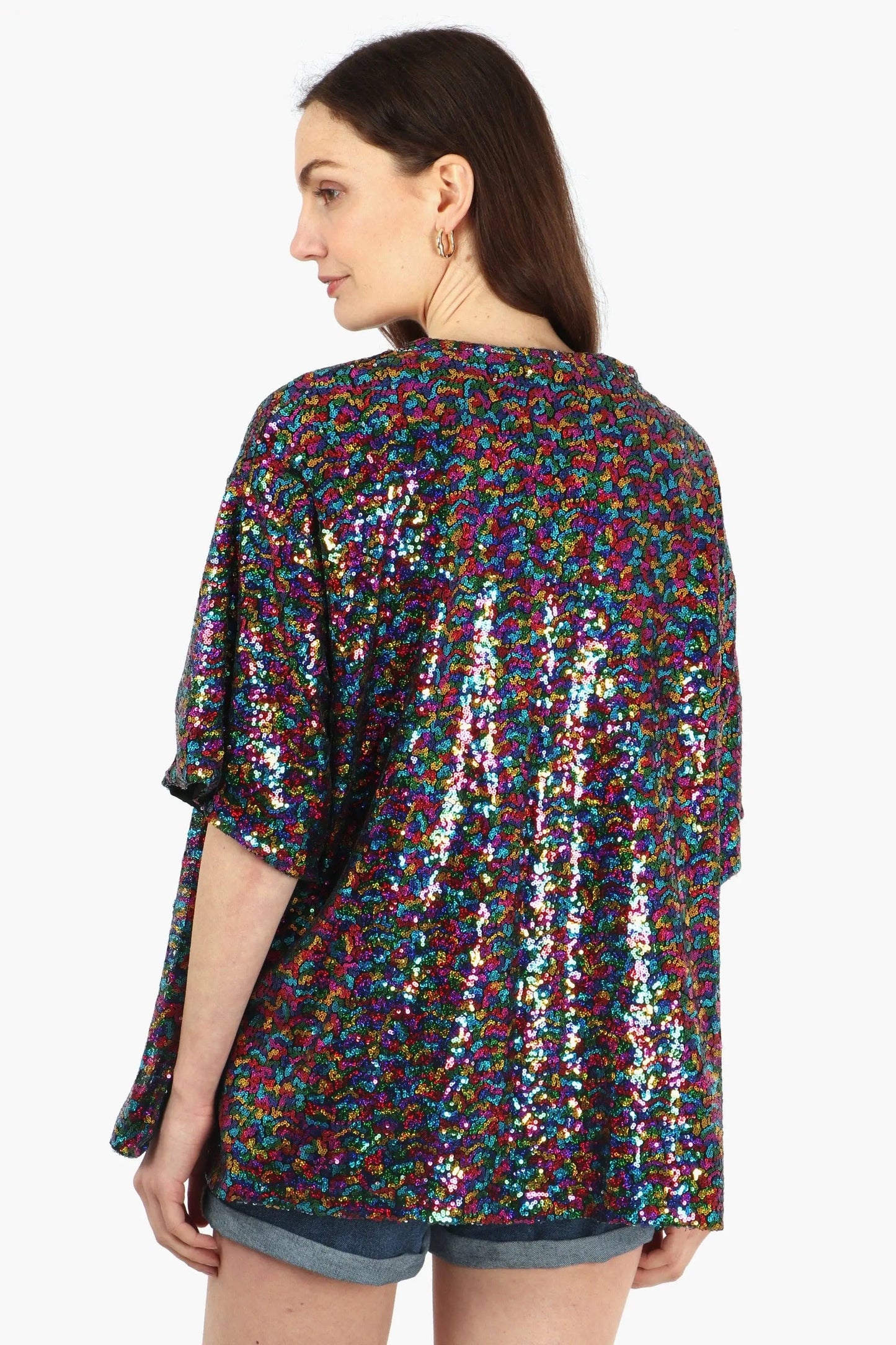 All Over Sequin Short Kimono Jacket in Rainbow: One-size (8-18) The Style Closet