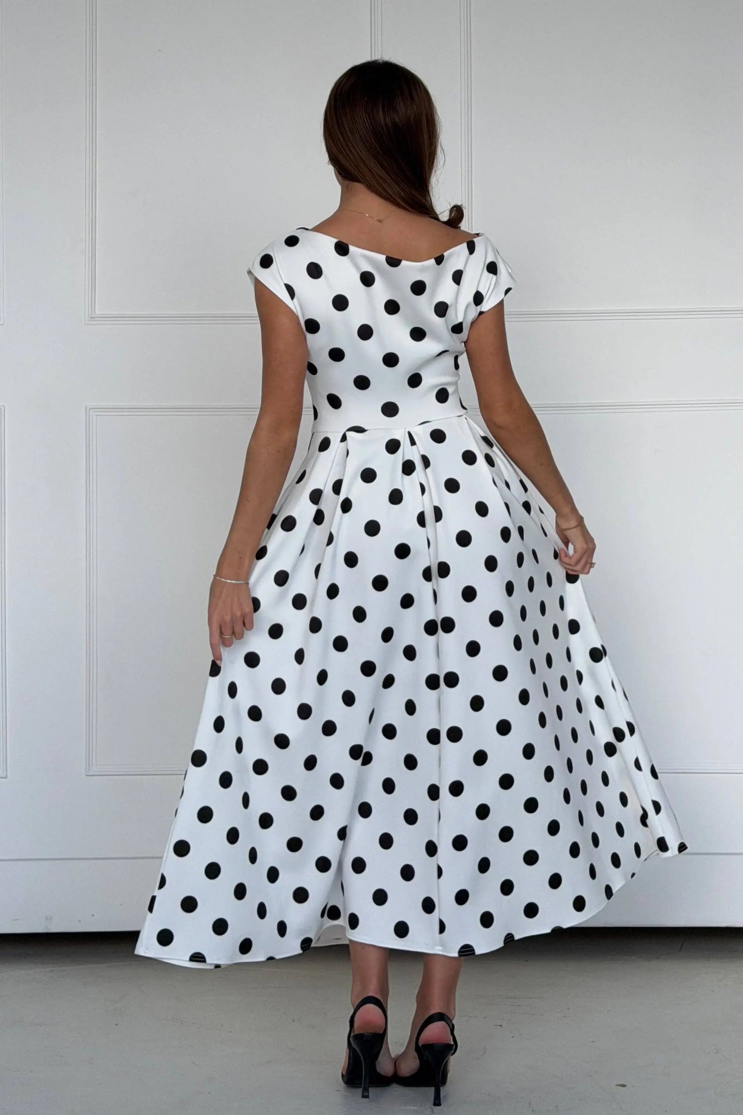 Betty Asymmetric Midi Dress Polka: Black The Style Closet