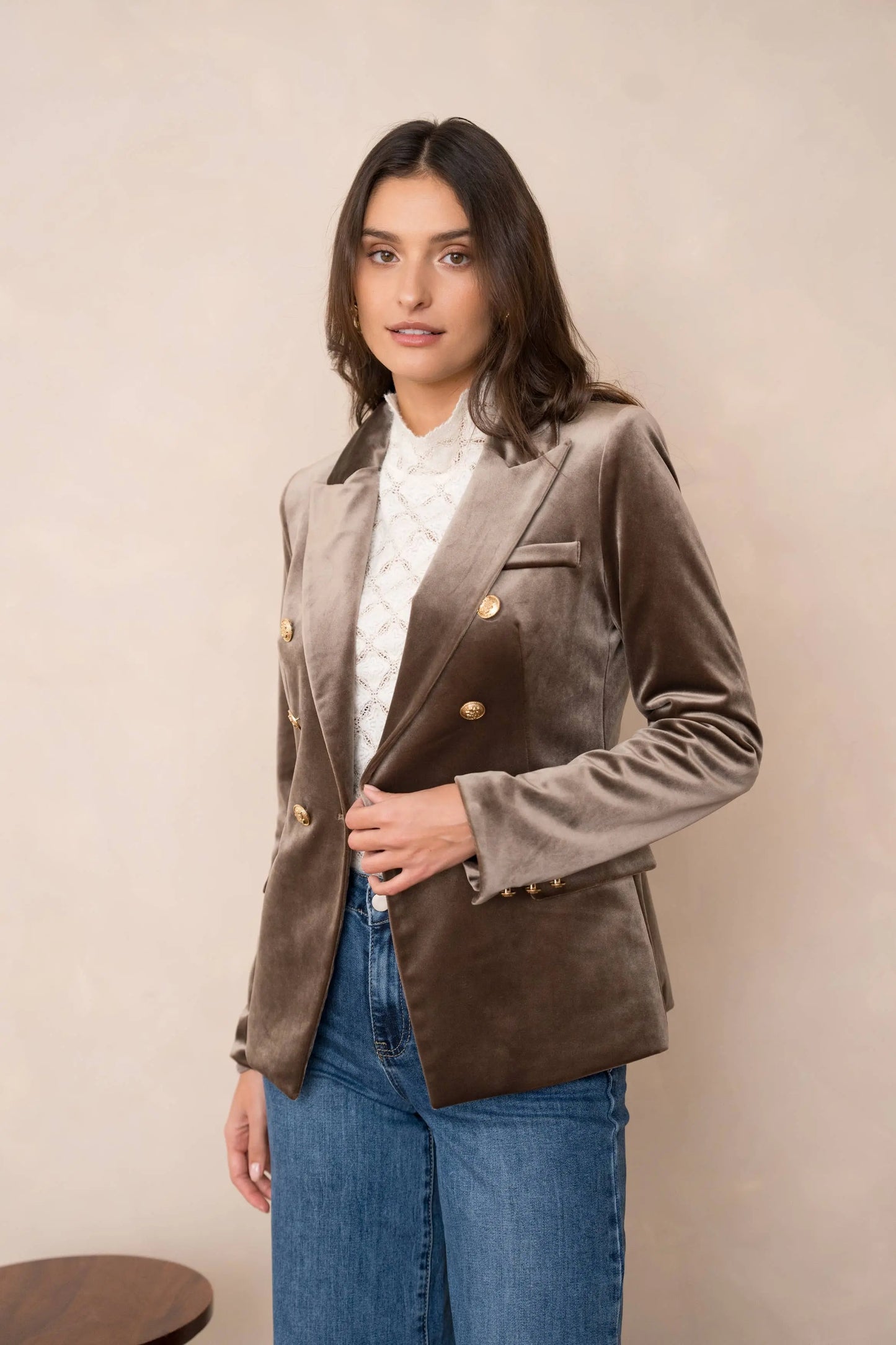 Double-breasted velvet blazer with gold buttons - KHAKI The Style Closet