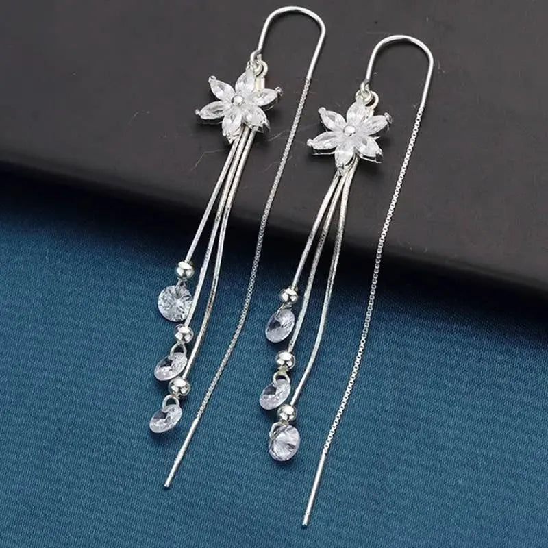 Crystal Flower Long Drop Earrings in Silver The Style Closet