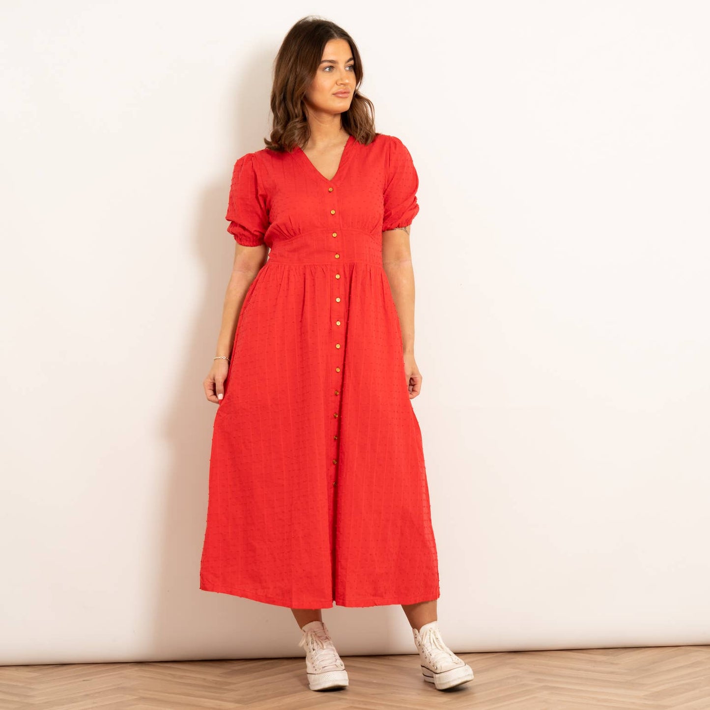 Poppy Cotton Button Down Midi Tea Dress - Red