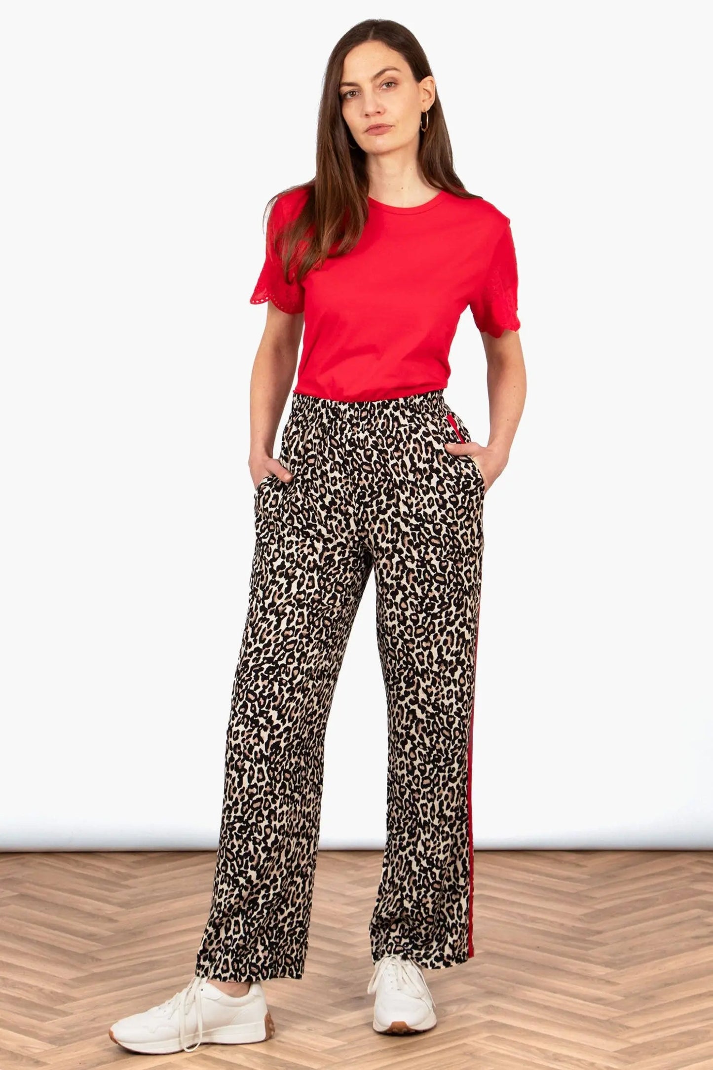 Wide Leg Trouser - Neutral/Red, Leopard Side Stripe The Style Closet