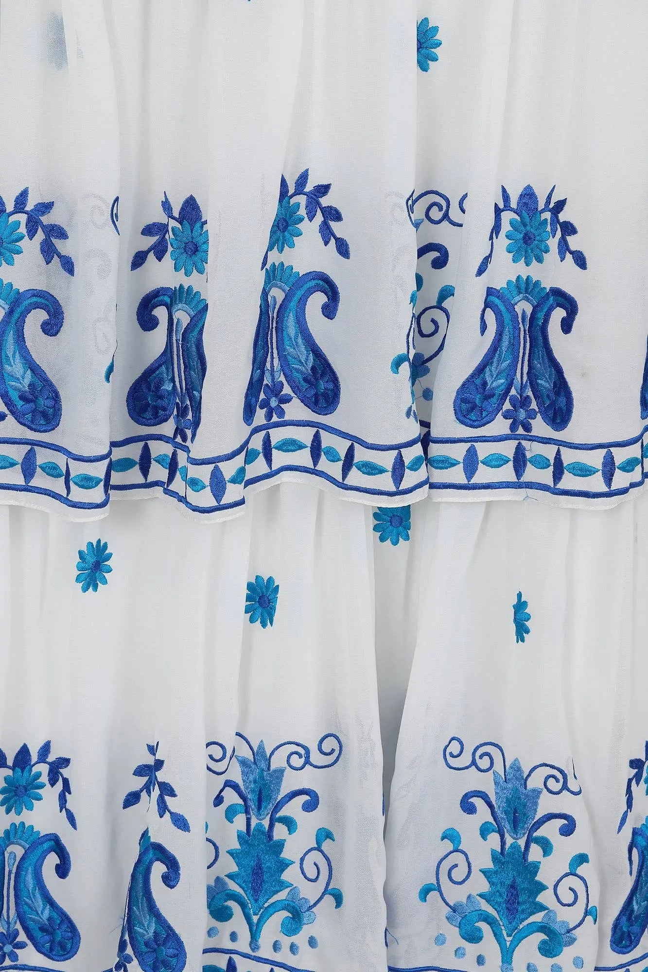 Elodea White and Blue Embroidered Tiered Maxi Dress: 12 / White The Style Closet