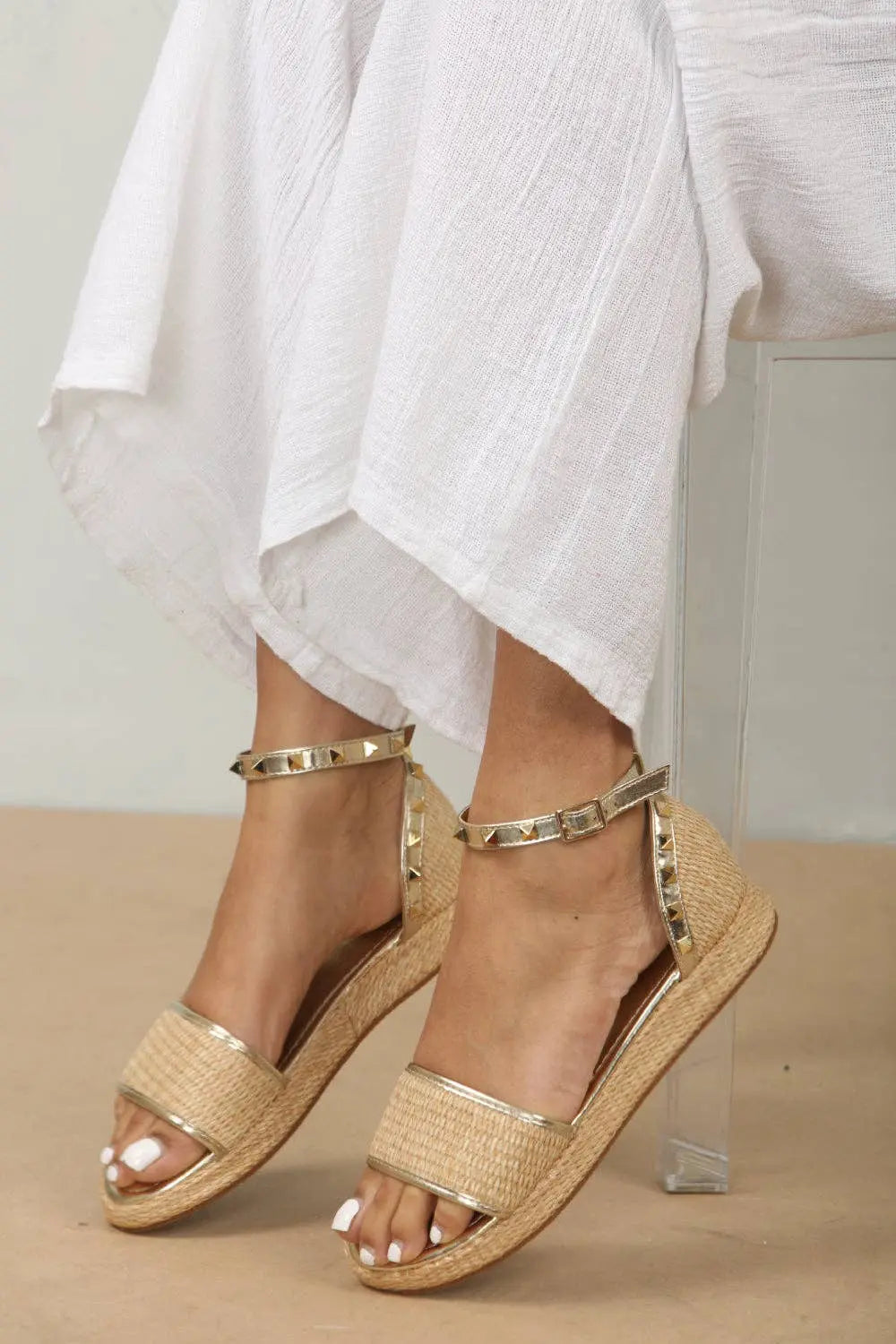 STUDDED RAFFIA CLOSED BACK ANKLE STRAP SANDALS IN GOLD The Style Closet