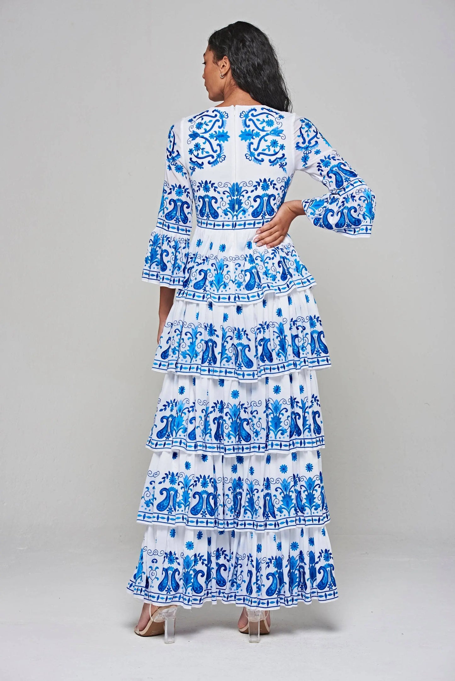 Elodea White and Blue Embroidered Tiered Maxi Dress: 12 / White The Style Closet