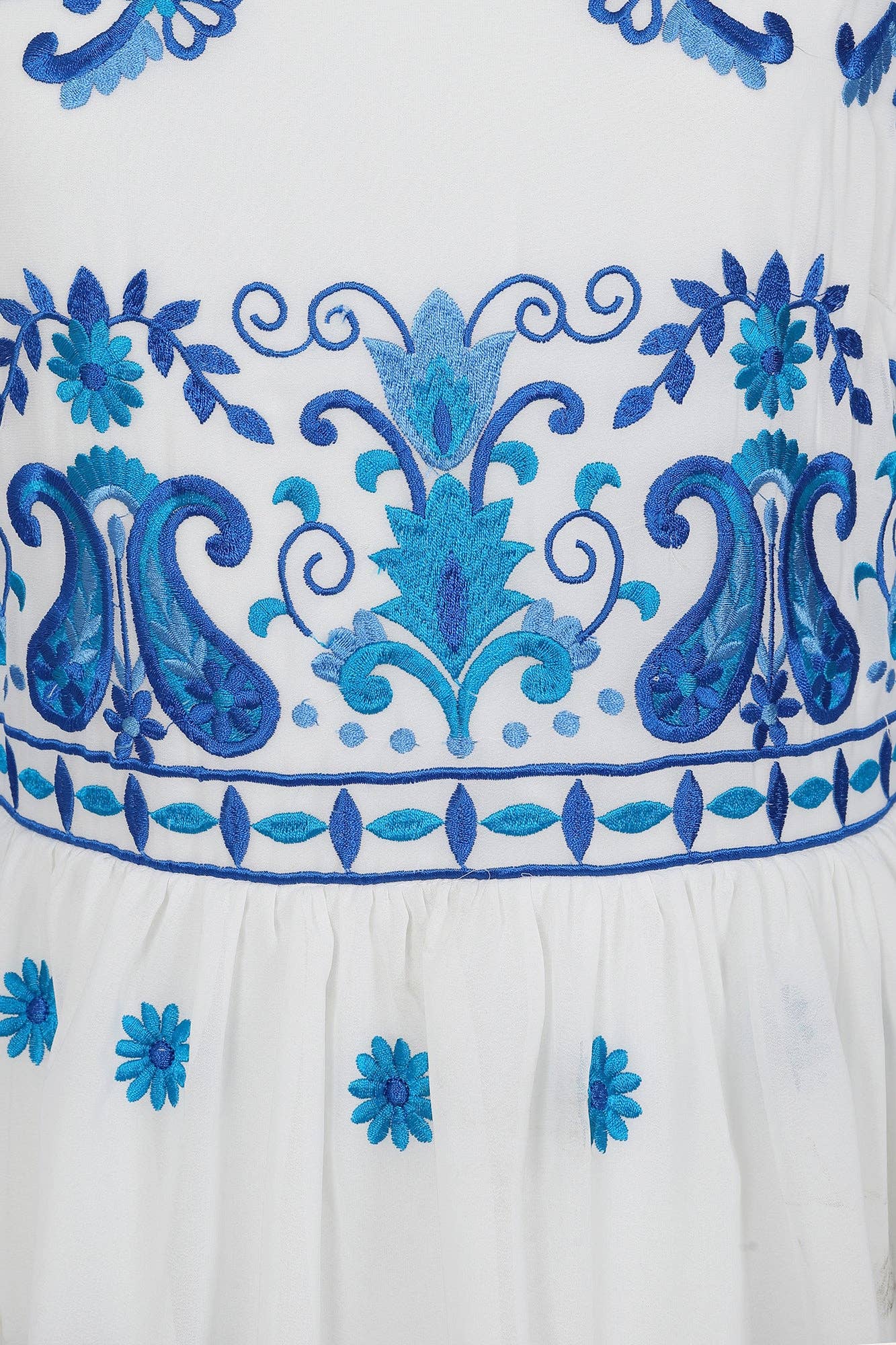 Elodea White and Blue Embroidered Tiered Maxi Dress: 12 / White The Style Closet