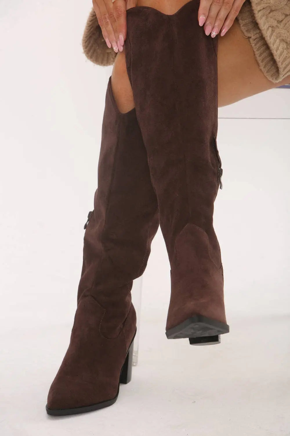 Knee High Brown Suede Cowboy Block Heel Boot: The Style Closet