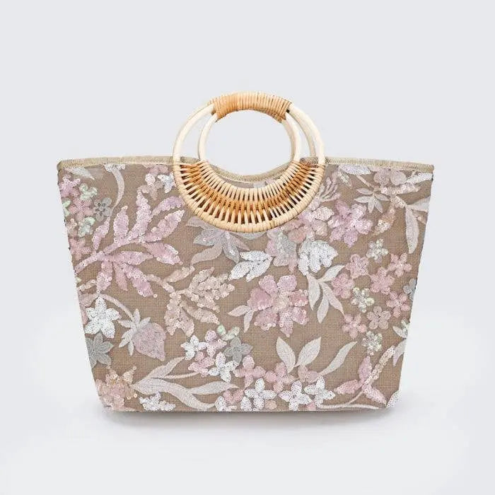 Pink Sequins Flowers Handbag with Bamboo Handles The Style Closet