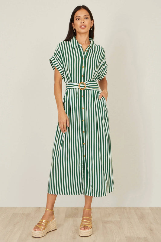 Yumi Green Stripe Print Relaxed Midi Shirt Dress With Belt: Green / 12 Yumi