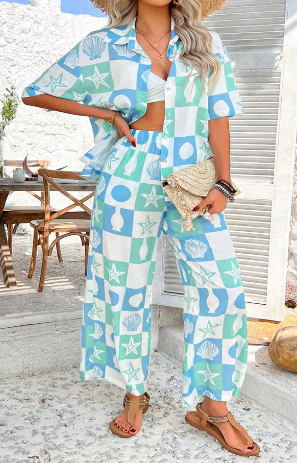 Printed Shirt and Trousers Co-ord Set: Blue / L