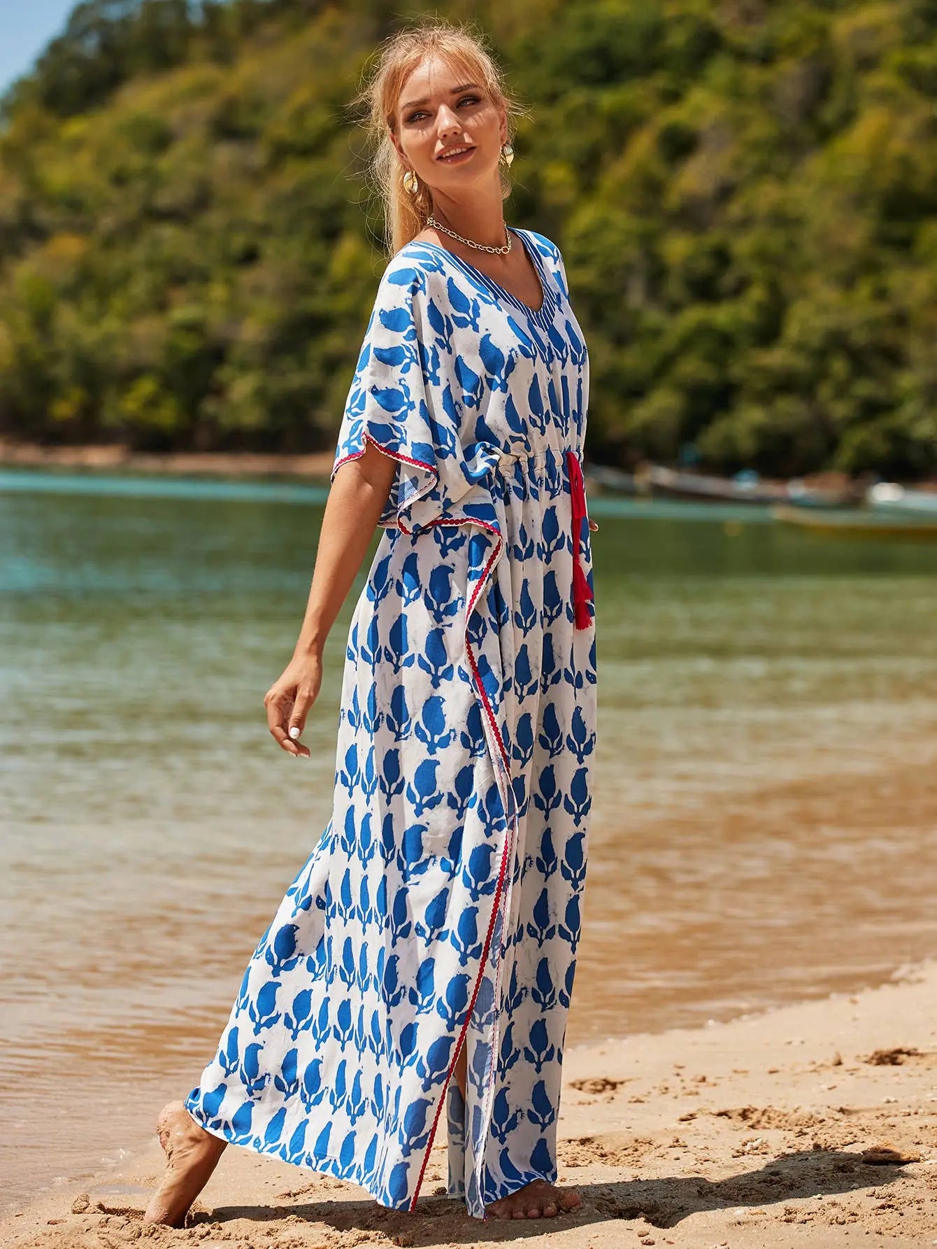 Bohemian Blue and White Leaf's Kaftan Beach Dress The Style Closet