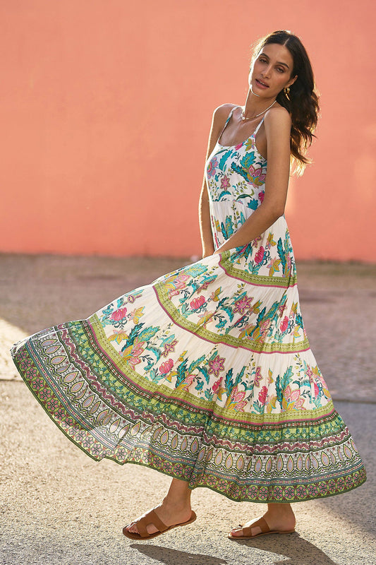 Yumi White Floral Block Print Tiered Maxi Sun Dress: Ivory / 10 Yumi
