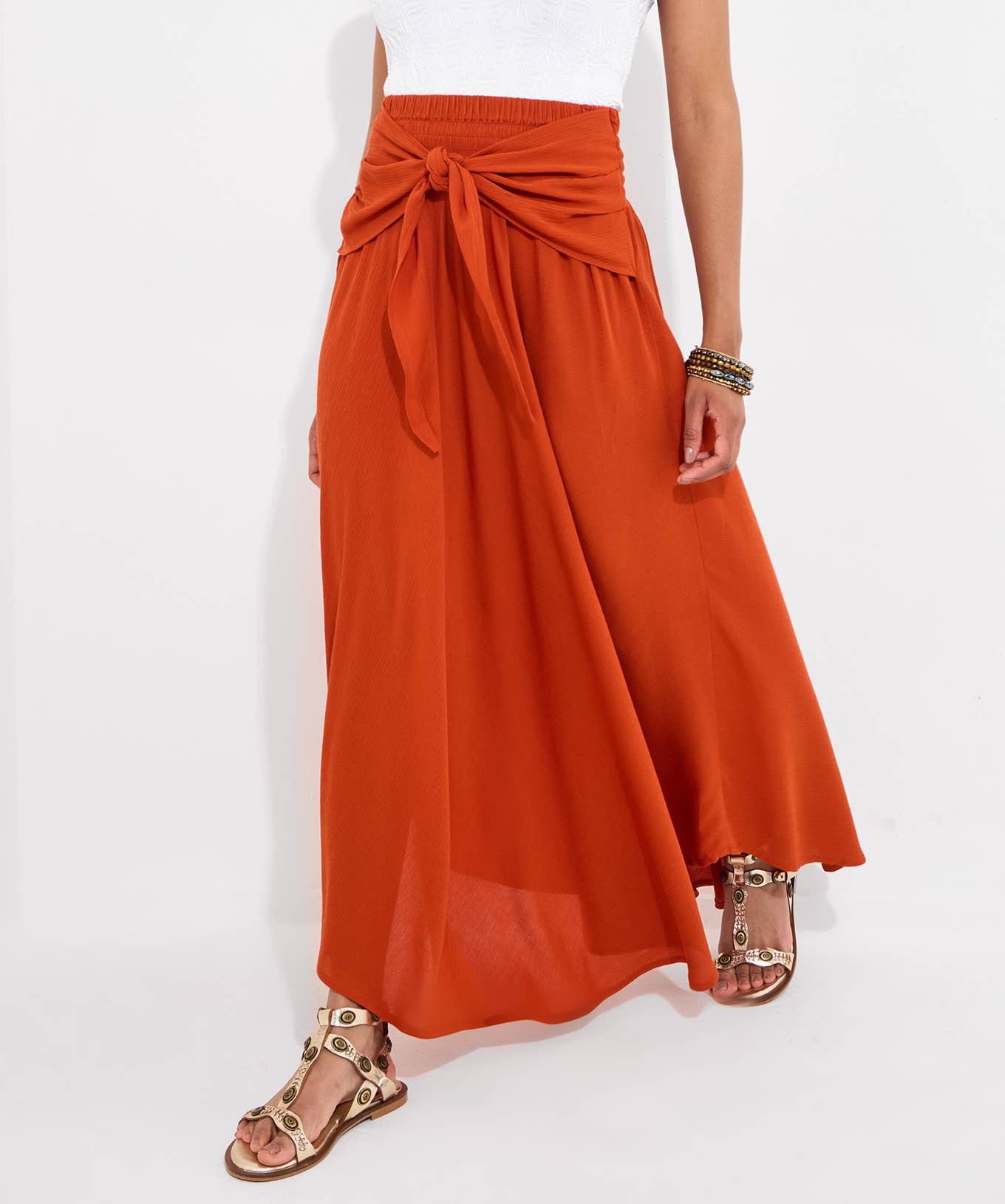 Florrie Tie Front Crinkle Skirt: Orange / 12