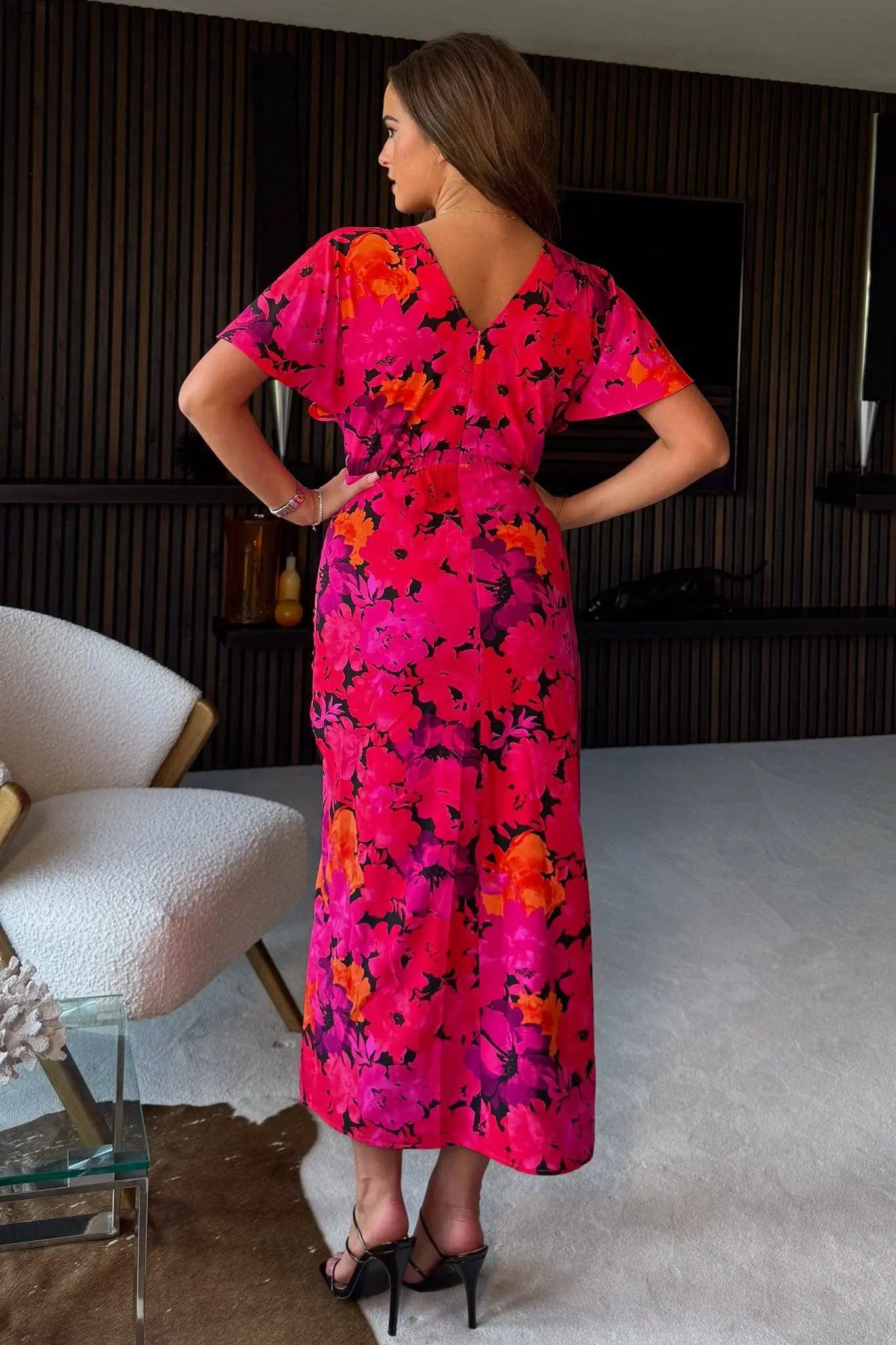 Priscilla Wrap Over Ruched Detail Midi Dress Pink Floral: Pink / Pack: 132201 Size 8-18 Girl in mind