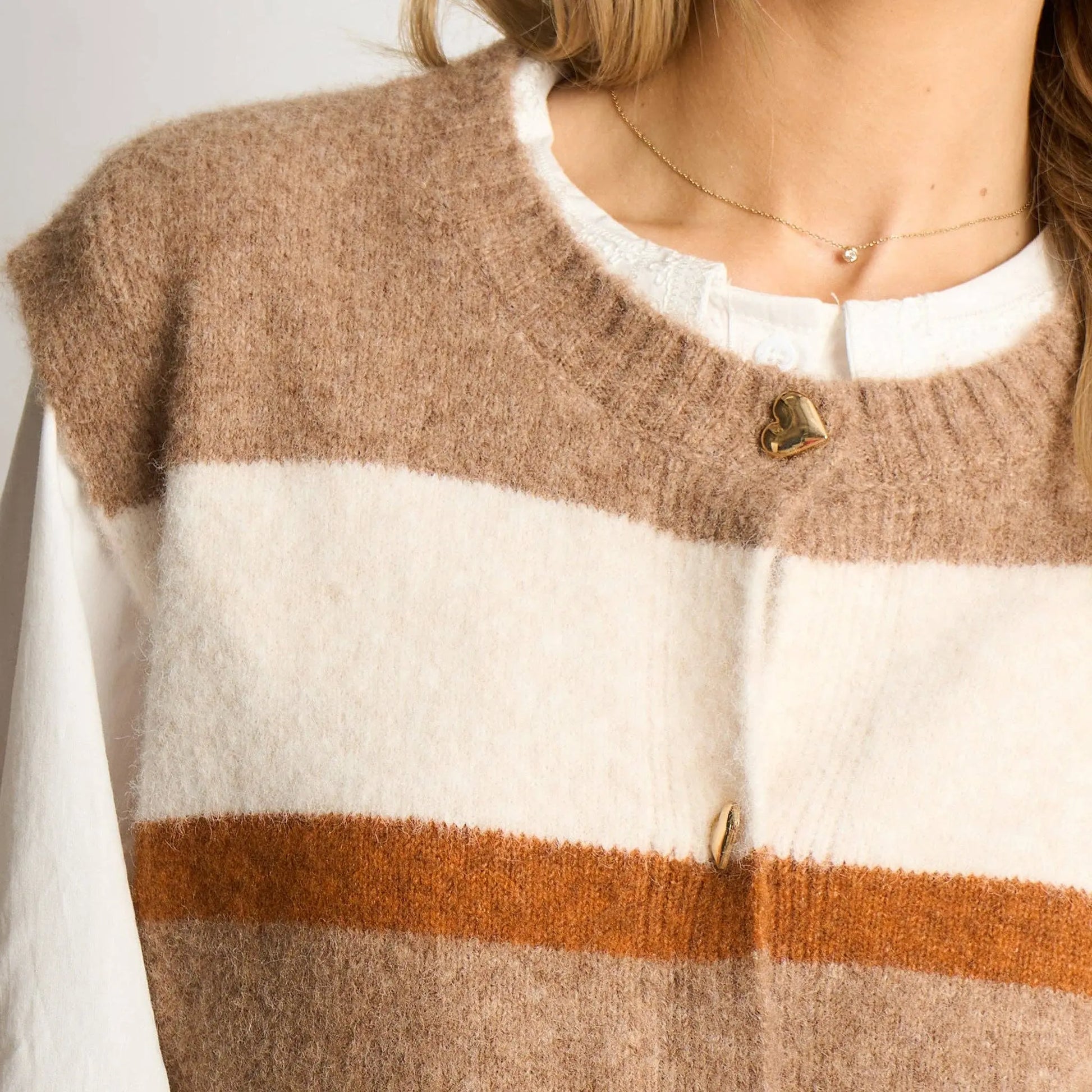 Heart Buttons Striped Sleeveless Vest in Neutral: One-size (UK 8-16) The Style Closet