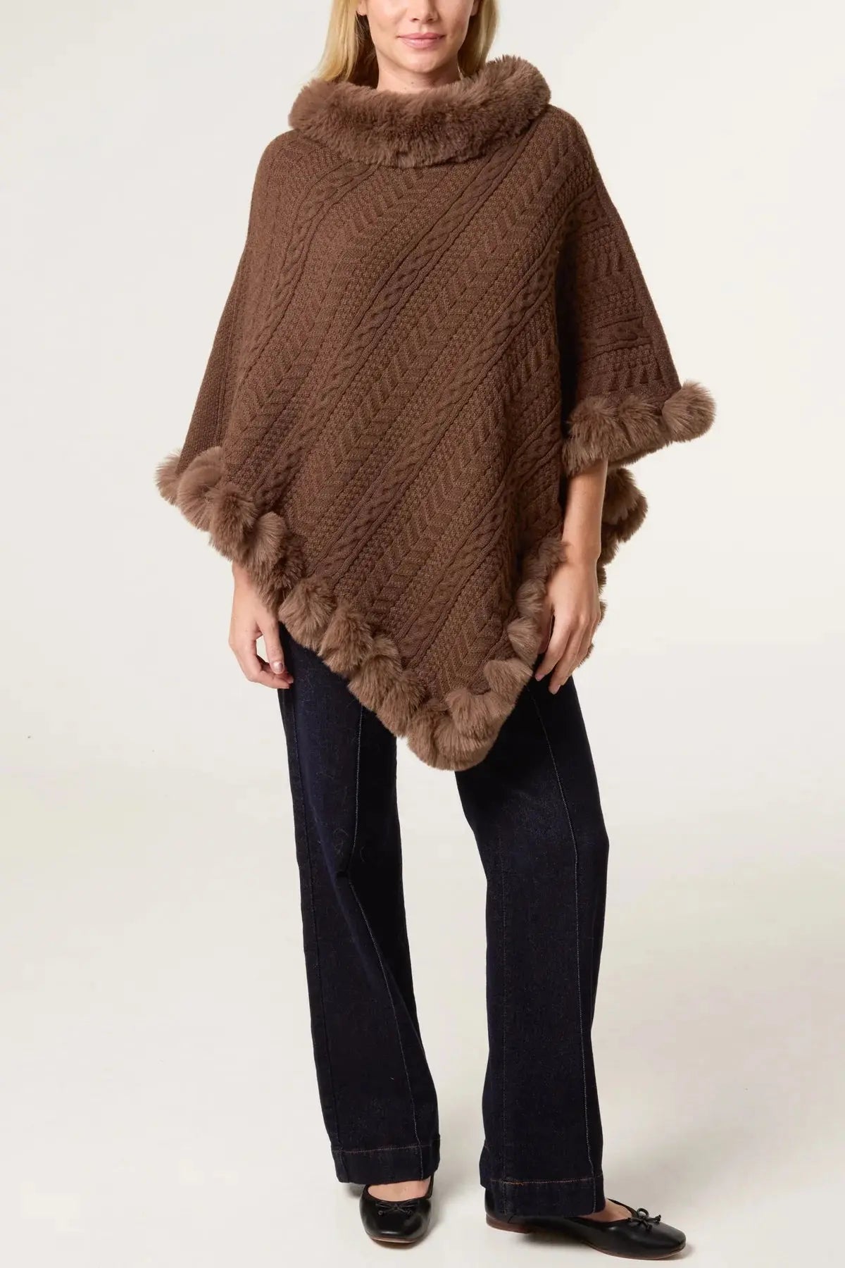 FAUX FUR COLLAR & TRIM KNIT PONCHO The Style Closet