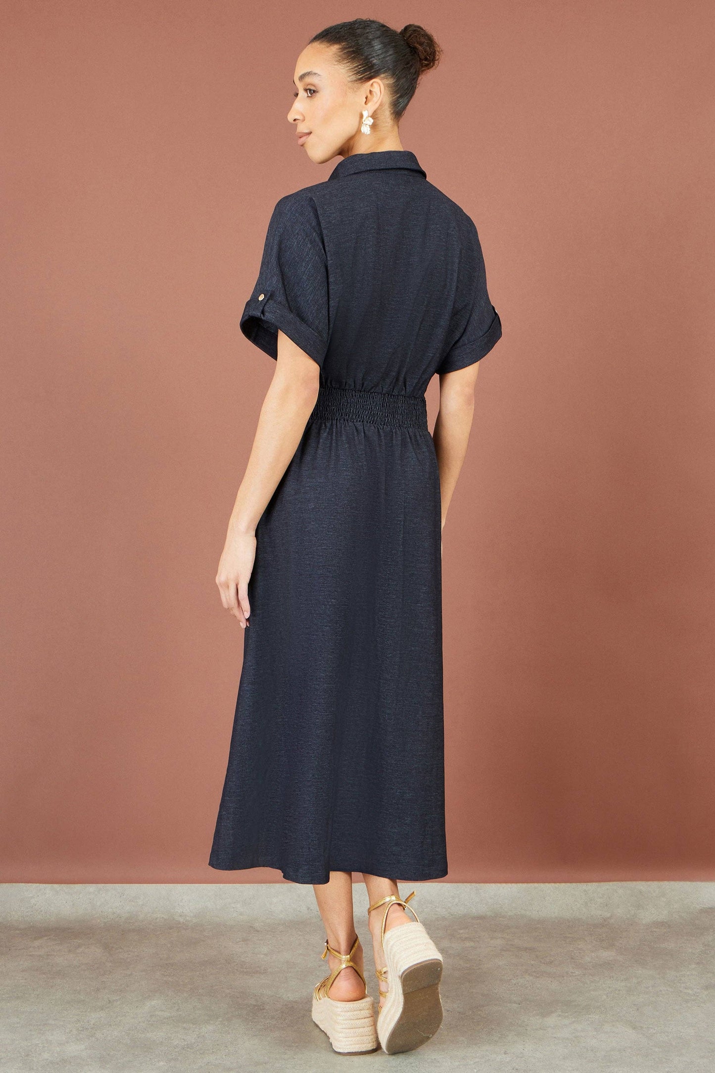 Navy Stretch Midi Shirt Dress: Blue