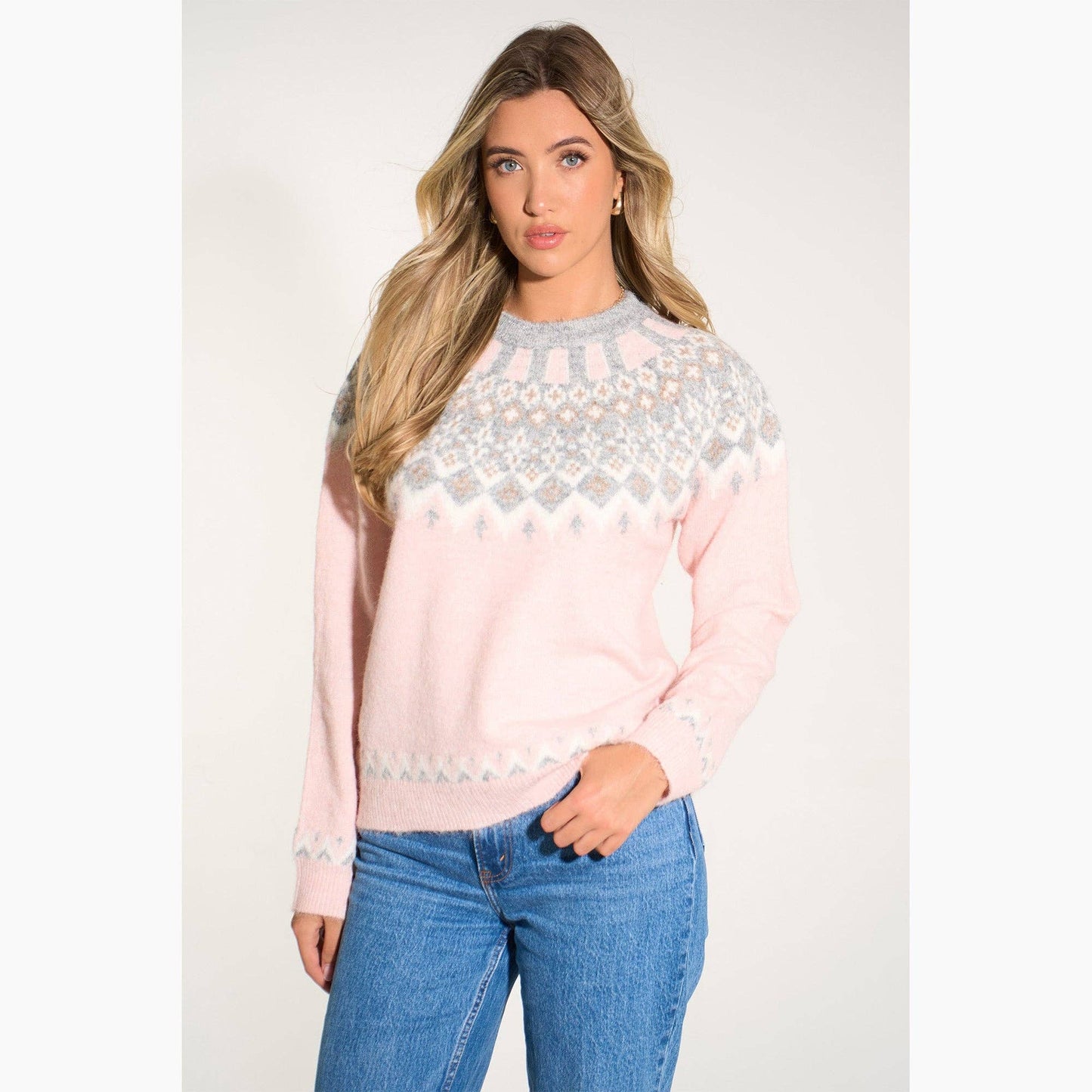Nordic Style Jumper in Pink/Grey: One Size
