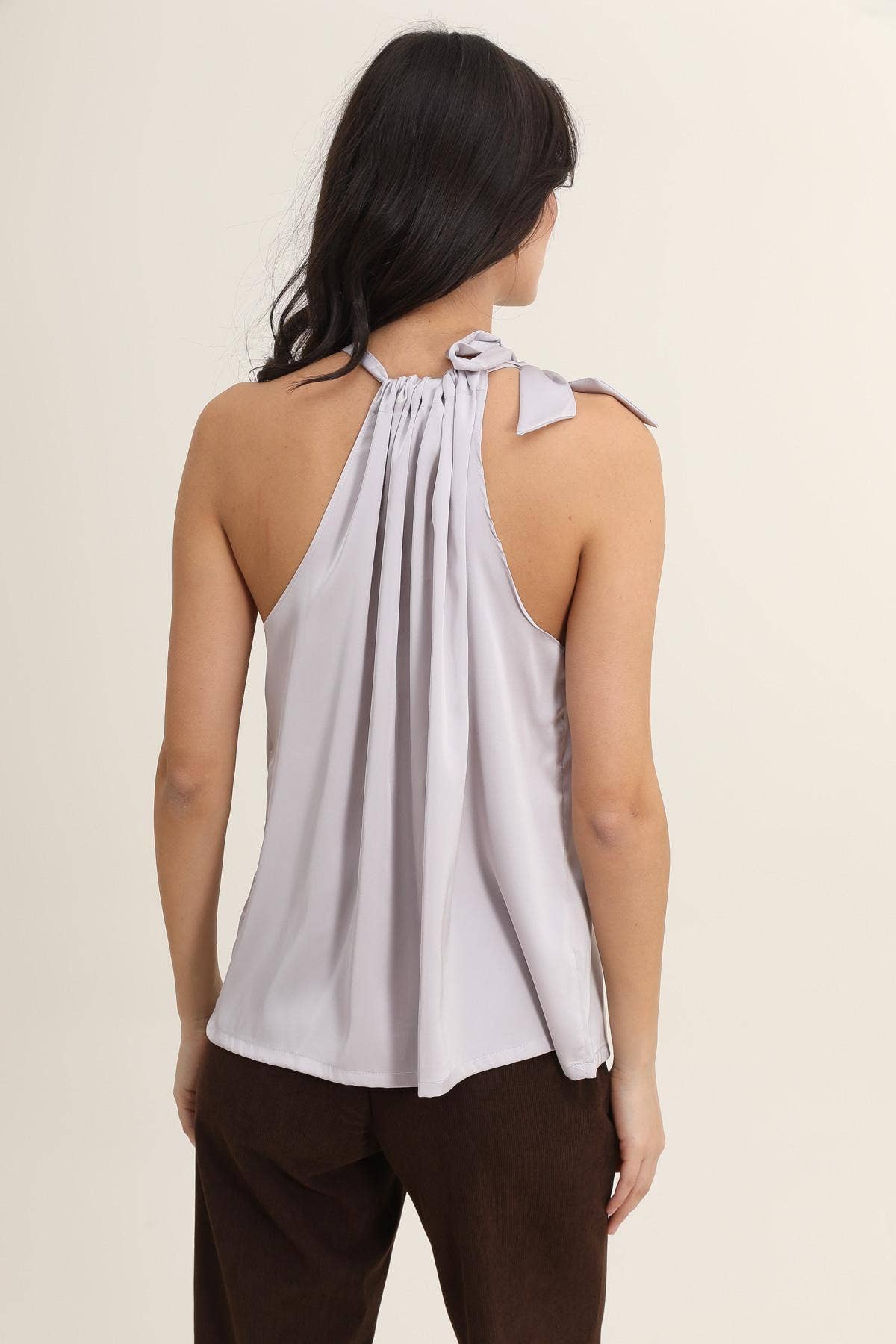 Satin Elisabeth top with bow at the collar - CHOCOLATE BROWN /KHAKI/IVORY